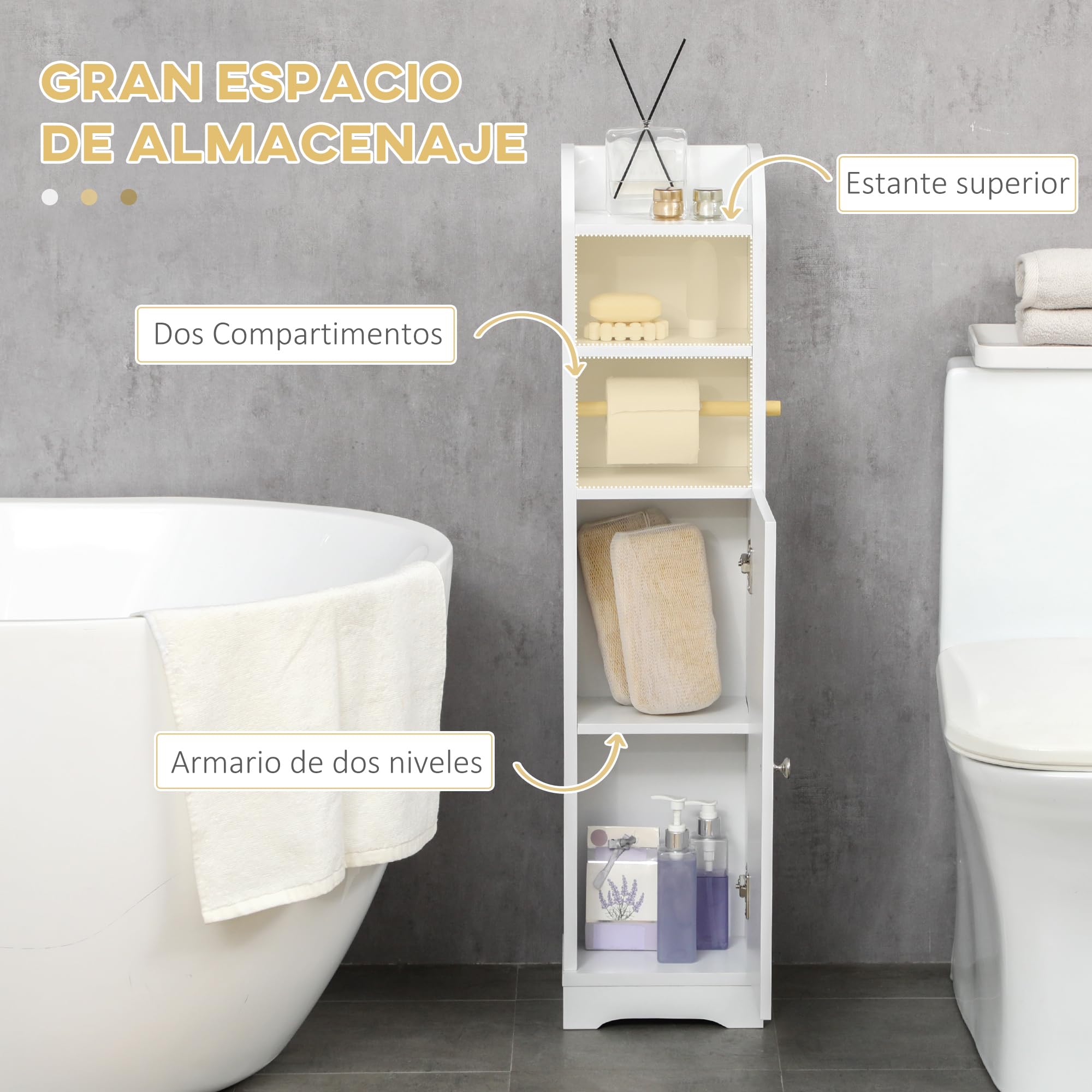 kleankin Armario de Baño Columna Auxiliar de Baño Armario Multiusos con Estante Ajustable y Portarrollos de Papel para Dormitorio 23x18x100 cm Blanco