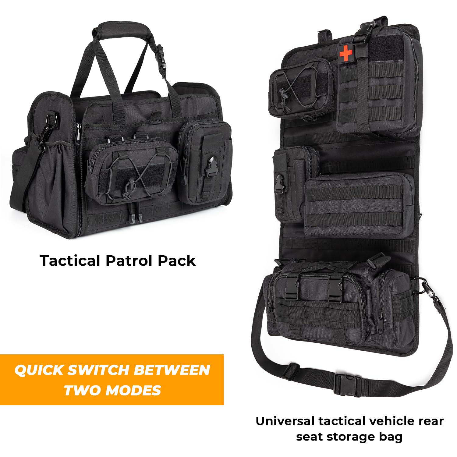 omotor Universal Tactical Car Seat Back Organizer Patrol Bag Tactical Molle Vehicle Organizers with 5 Detachable Molle Pouches Multi-function Designed