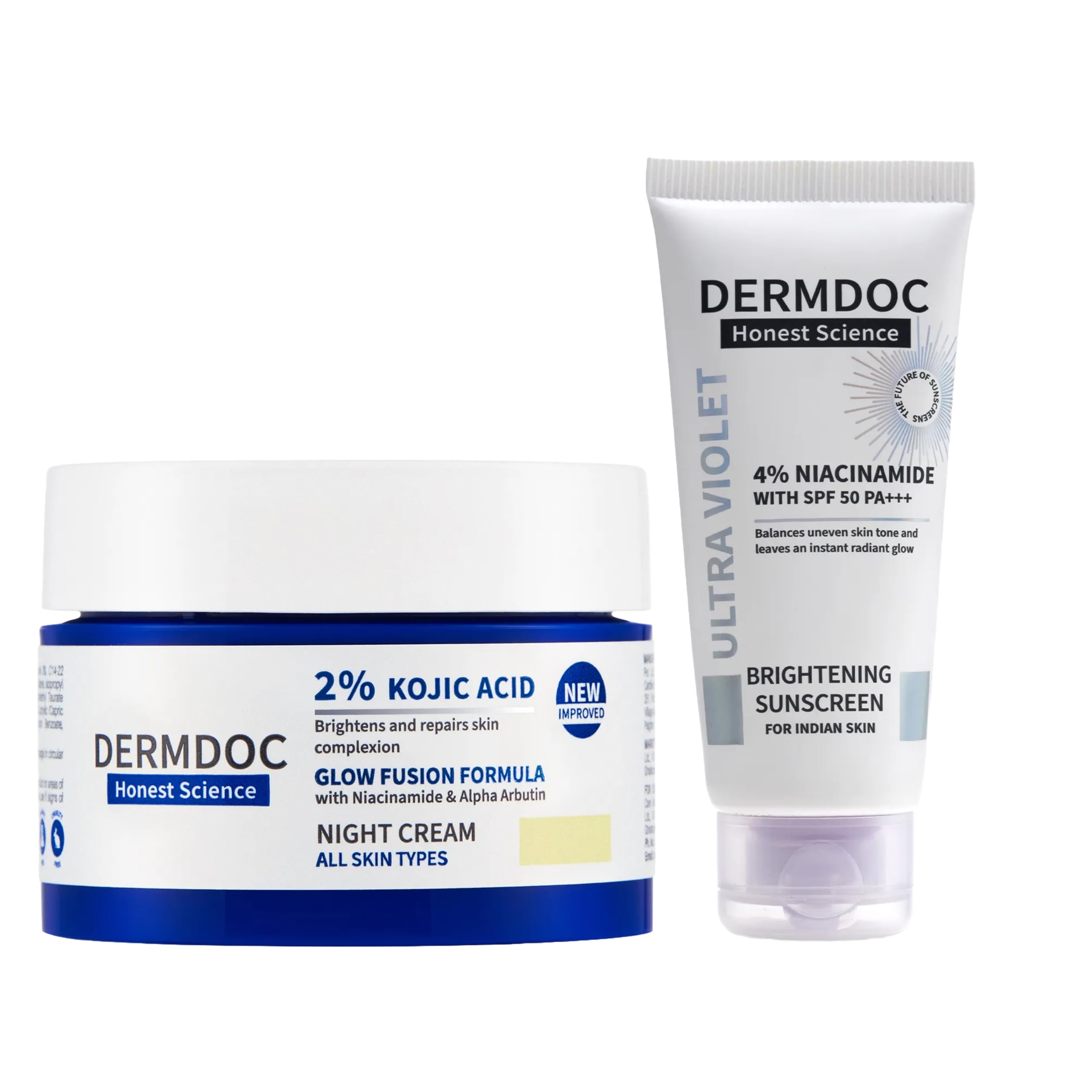 DERMDOC 2% Kojic Acid Glow Fusion Night Cream (25 gm) + 4% Niacinamide Ultra Violet Brightening Sunscreen with SPF 50 PA+++ (50 gm) | Skin Brightening & Sun Protection pack of Two