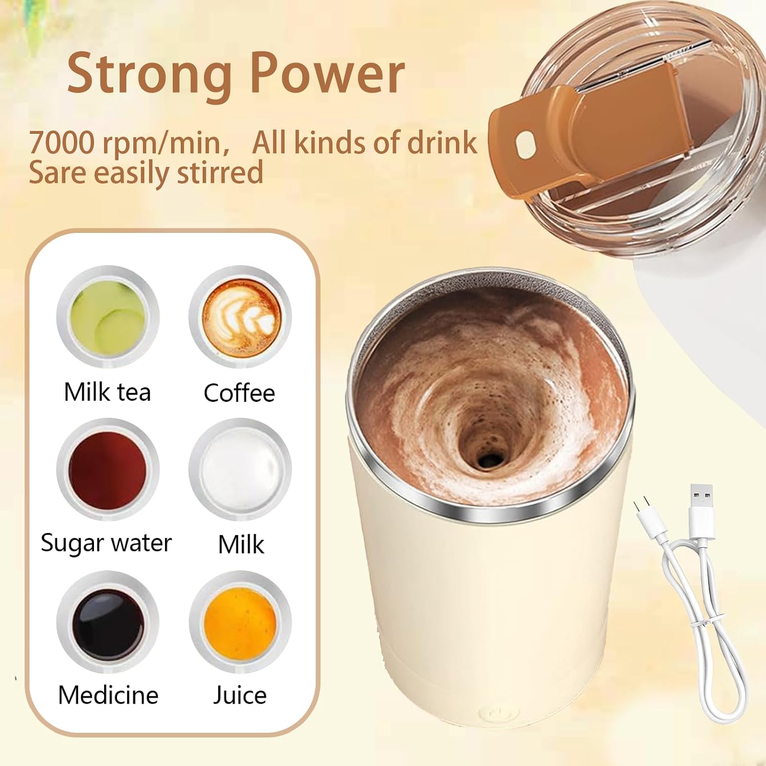 Self Stirring Mug with Lid, 13.5oz Magnetic Stirring Coffee Cup, Rechargeable 316 Stainless Steel, Auto-Mixing for Coffee, Milk, Protein Powder（Beige） image 5