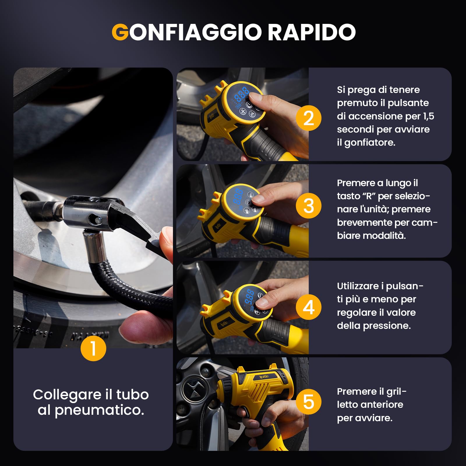 Compressore Aria Portatile – 150PSI 22L/Min Mini Compressore Portatile | Compressore Auto 12V Gonfiatore Elettrico con Spegnimento Automatico, Display LCD, LED, per Auto, Bici, Moto, Palloni