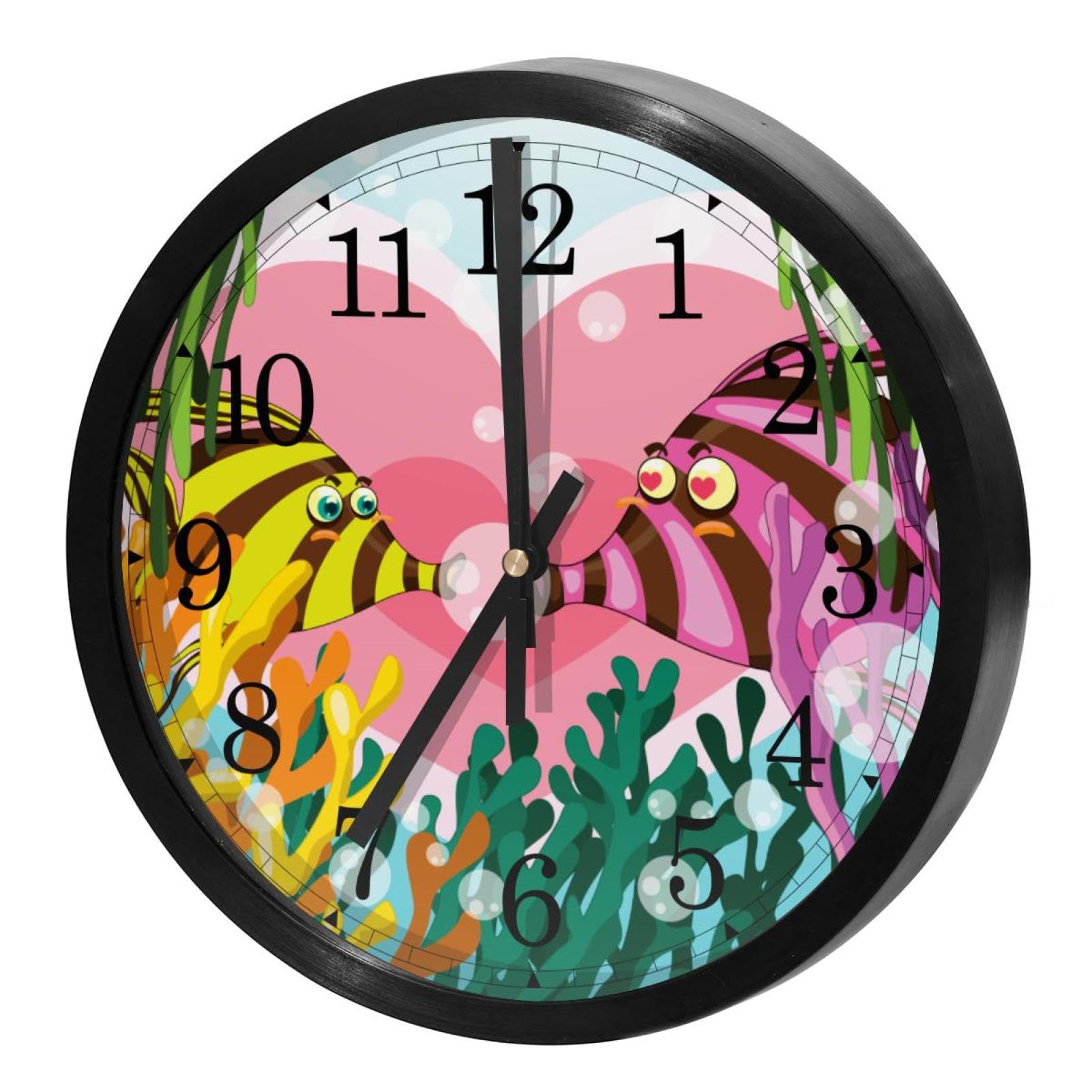 Horloge murale silencieuse à quartz motif couple de poissons corail pour déco