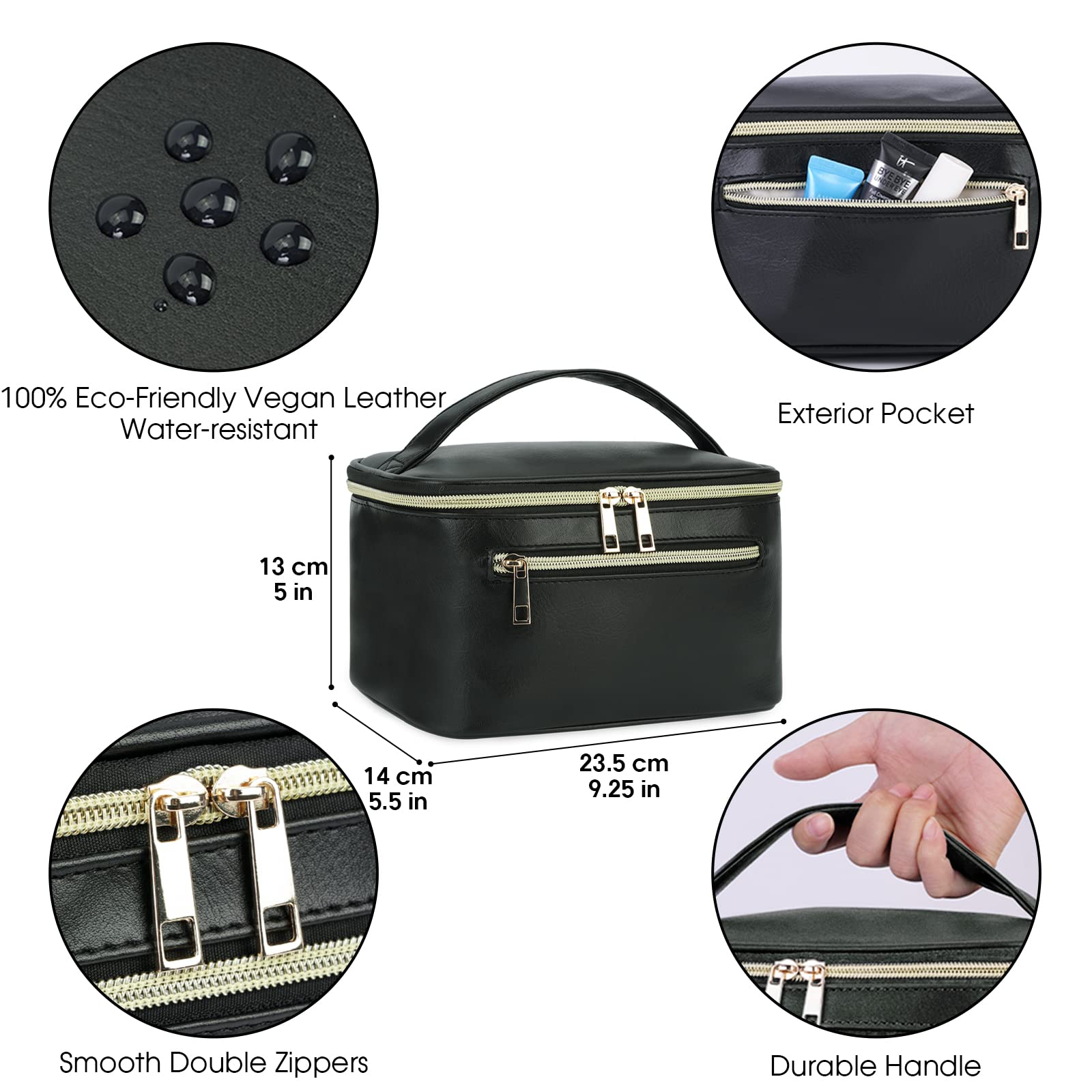Trousse Trucchi Donna Borsa Porta Trucchi in Eco Pelle Vegana Con Sacchetto Per Pennelli Beauty Case Grande Idrorepellente Per Viaggiare Durante la Notte, Nero Attesa Brevetto