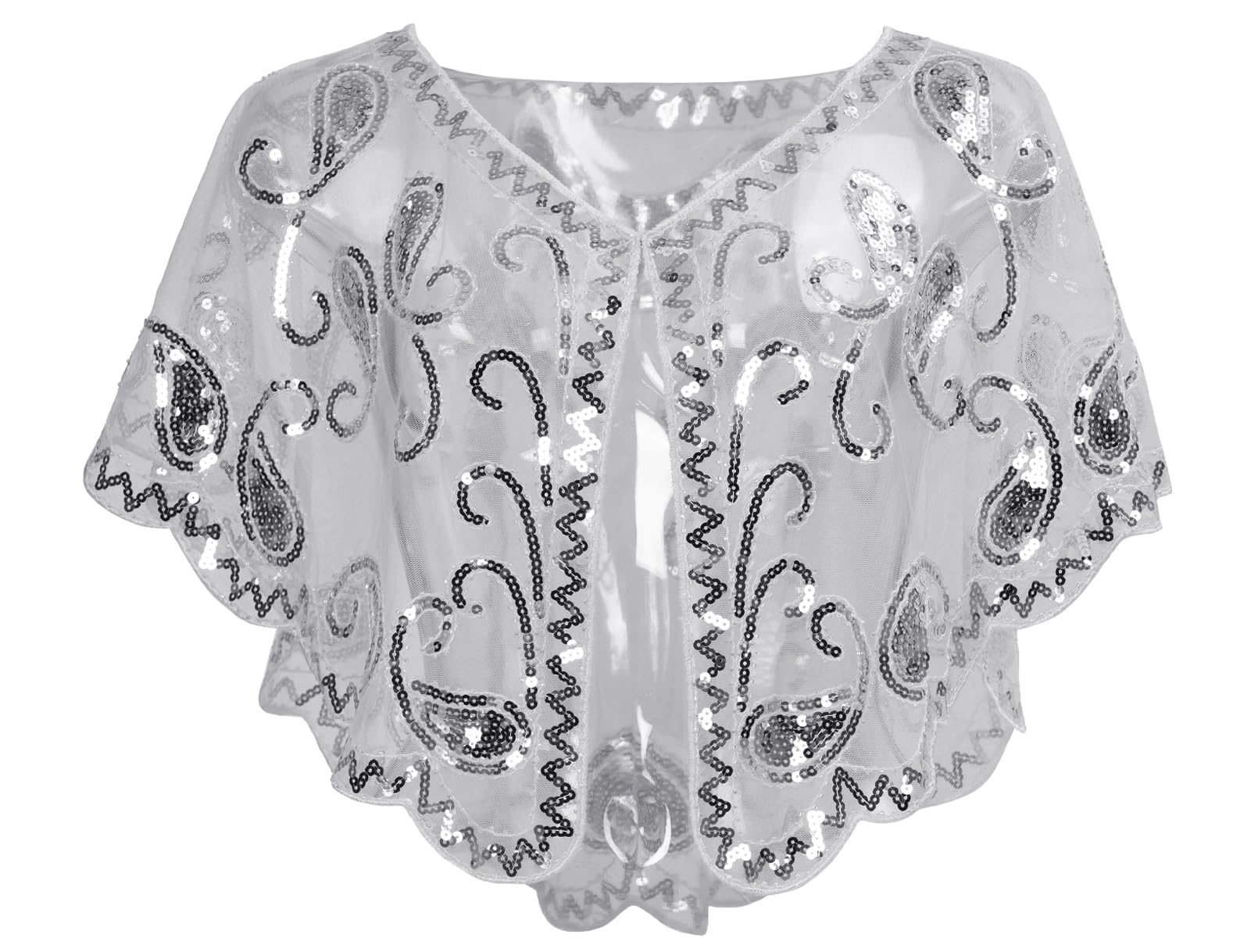 Ausing Women's 1920s Shawl Sequin Evening Cape Flapper Shrug Great Gatsby Retro Tulle Shawls Vintage Mesh Shawl Wraps Shiny Short Art Deco Wrap Bridal Party Wedding Cover Up Grey