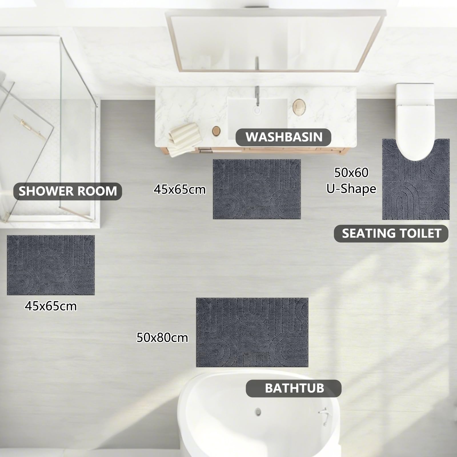 Homcomodar Juego de 3 alfombras de baño de microfibra suave, antideslizantes, lavables, absorbentes de agua y en forma de U, para ducha, inodoro y bañera (gris oscuro)