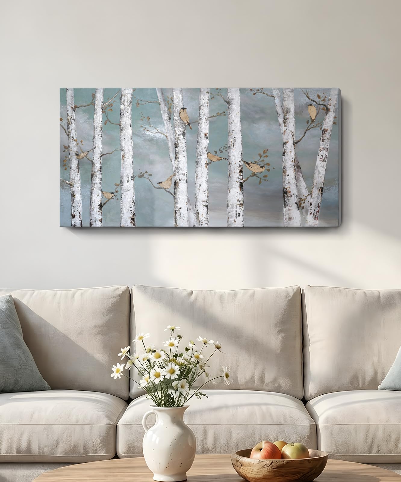amatop Teal Wall Art 100% Hand-Painted Landscape Forest Oil Painting on Canvas Original Framed Artwork Gold Bird Birch Tree Artwork White Birch at Night for Living Room Bedroom Office Decor 32x16inch