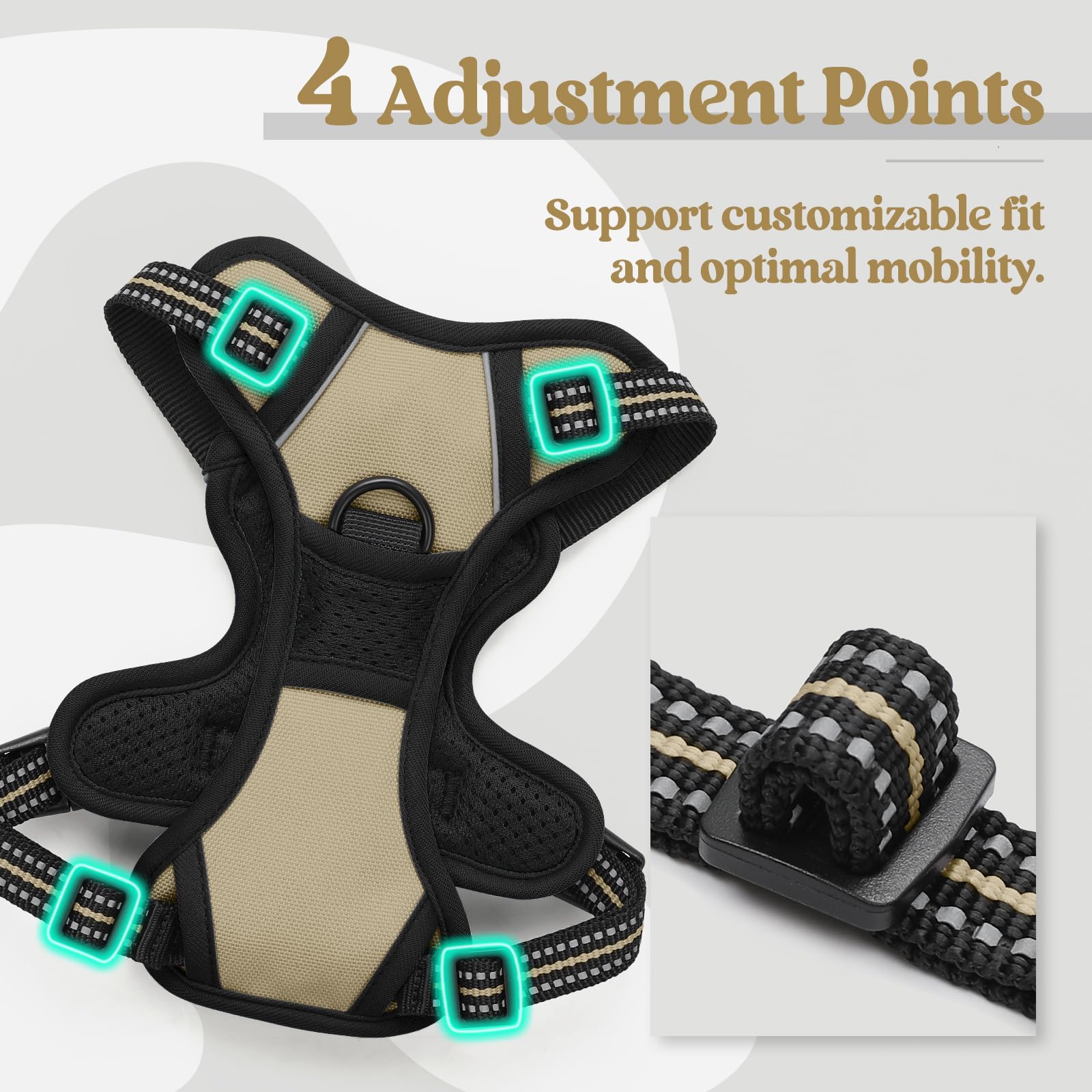 rabbitgoo Pettorina Cane Taglia Piccola, Pettorina Cane ad h Regolabile con 2 Ganci in Metallo, Imbracatura per Cani Anti Tiro Riflettente, Imbracatura Traspirante per Addestramento, Cachi, XS