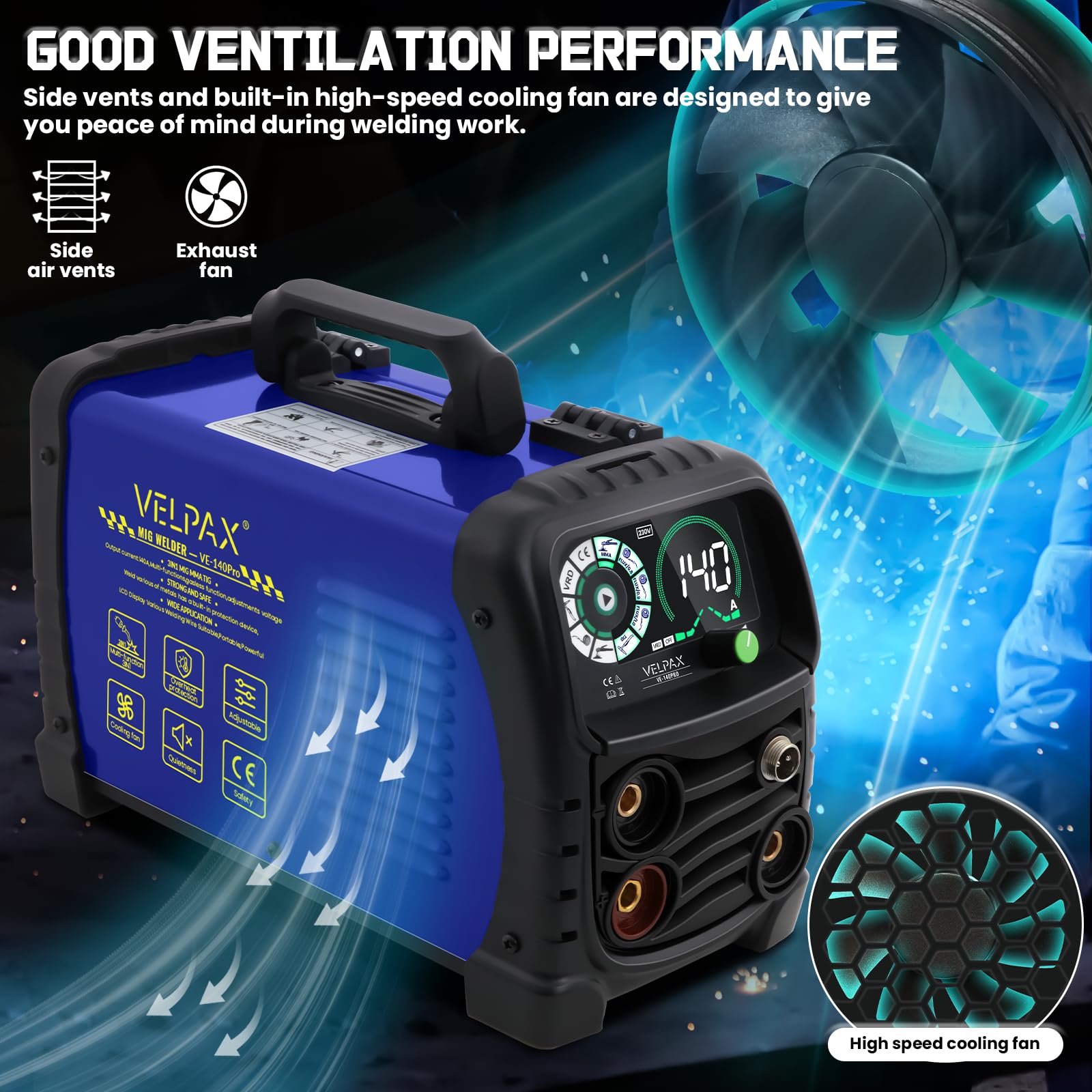 140A Saldatrice A Filo Continuo Senza Gas, 3 in 1 MIG/ARC/Lift TIG IGBT Inverter Saldatore con Smart Digital LED Dispaly di filo animato 0,8 mm per principianti e saldatori professionisti