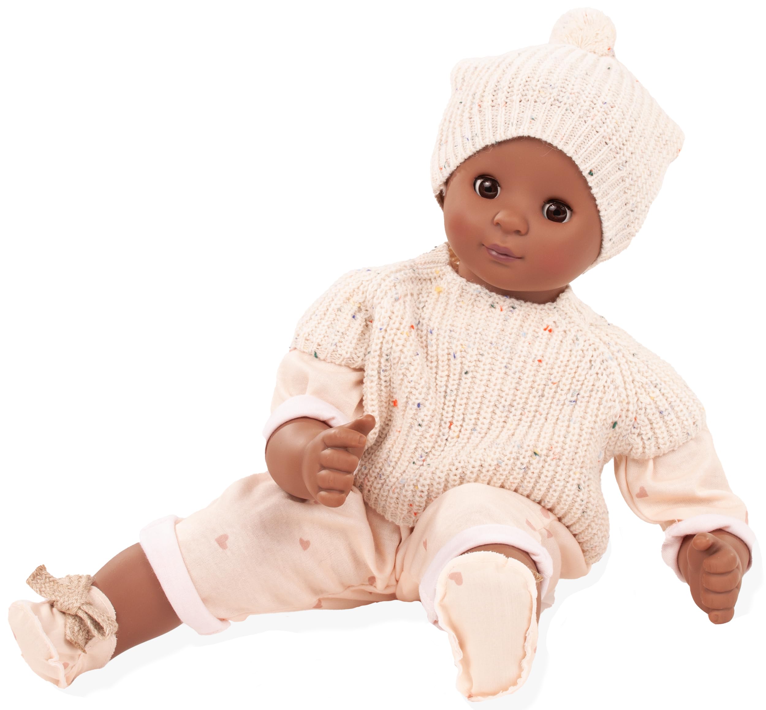 Götz 2567841 Maxy Muffin Schick in Strick Puppe 42 cm braune Schlafaugen | 6-tlg, Babypuppe, ohne Haare, Weichkörper, für Kinder ab 3 Jahren, waschbar, mit Strickpullunder, Mütze und Stoffschuhen