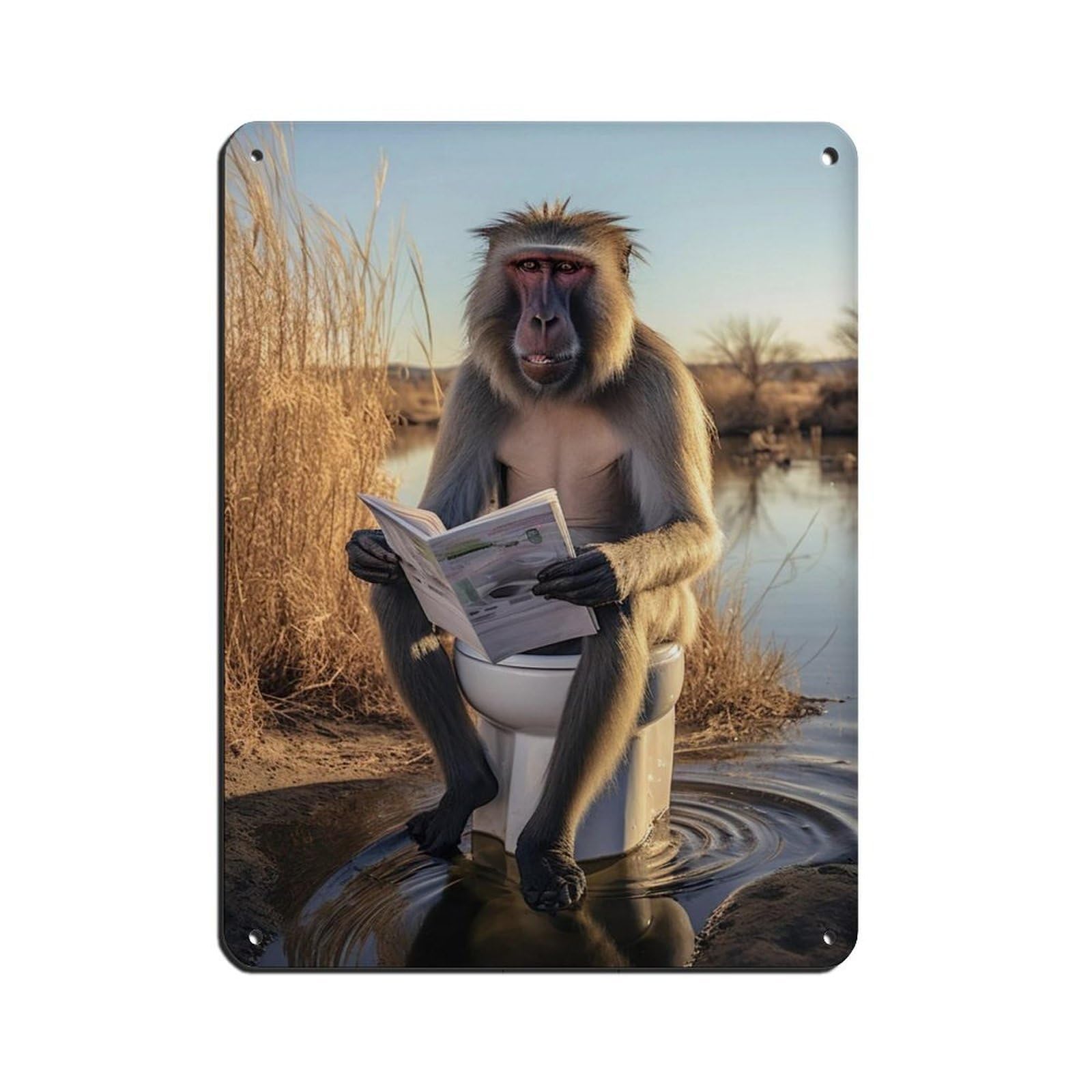Lxwnze 30L X 40W Cm Mandrill Monkey Sitting On The Toilet Reading A Newspaper (4) Tin Sign Vintage Metal Pub Club Cafe Bar Home Wall Art Decoration Poster Retro 12X16inch(30X40cm)
