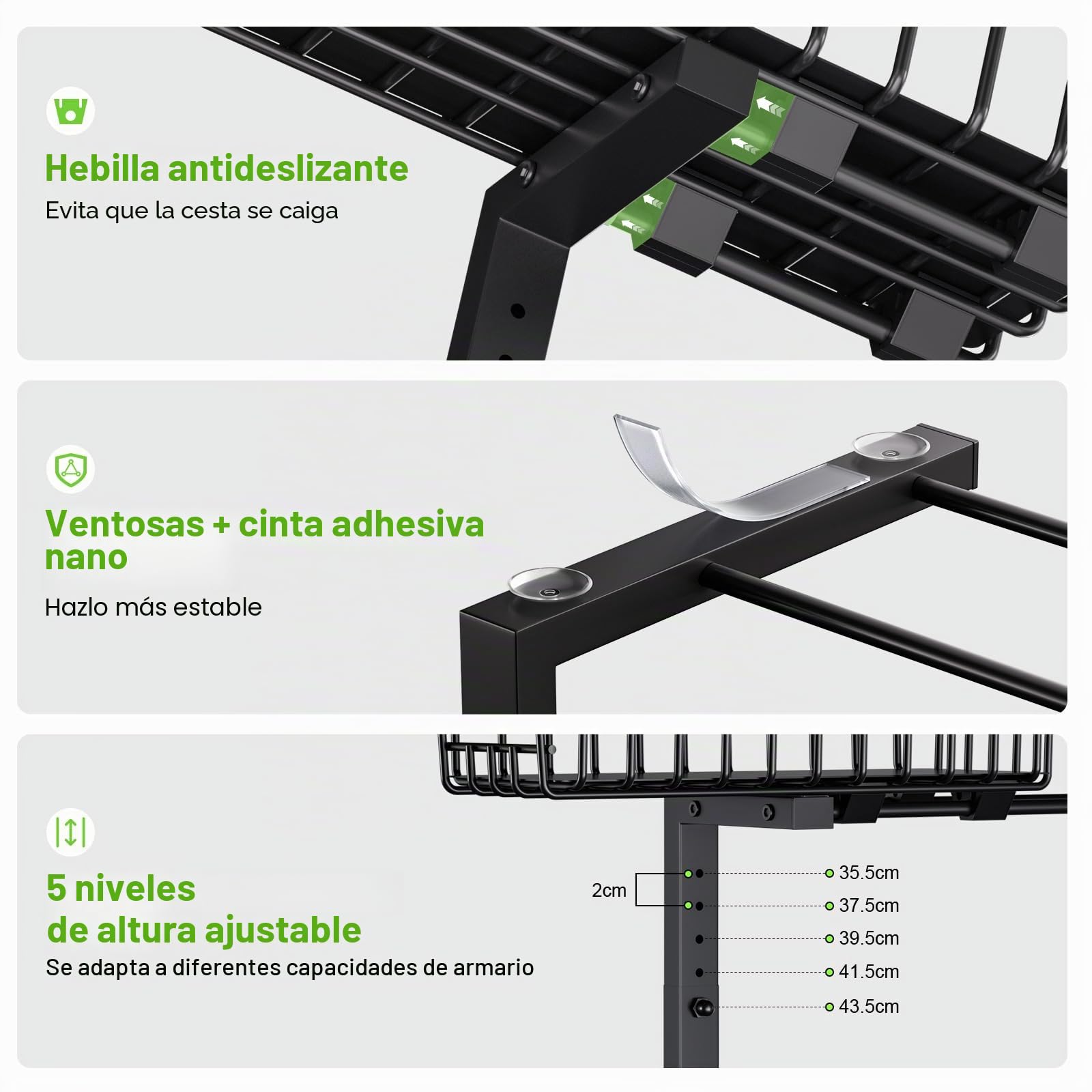 2 Paquete Organizador bajo Fregadero de altura ajustable, organizador de cocina extensible, acero al carbono, negro