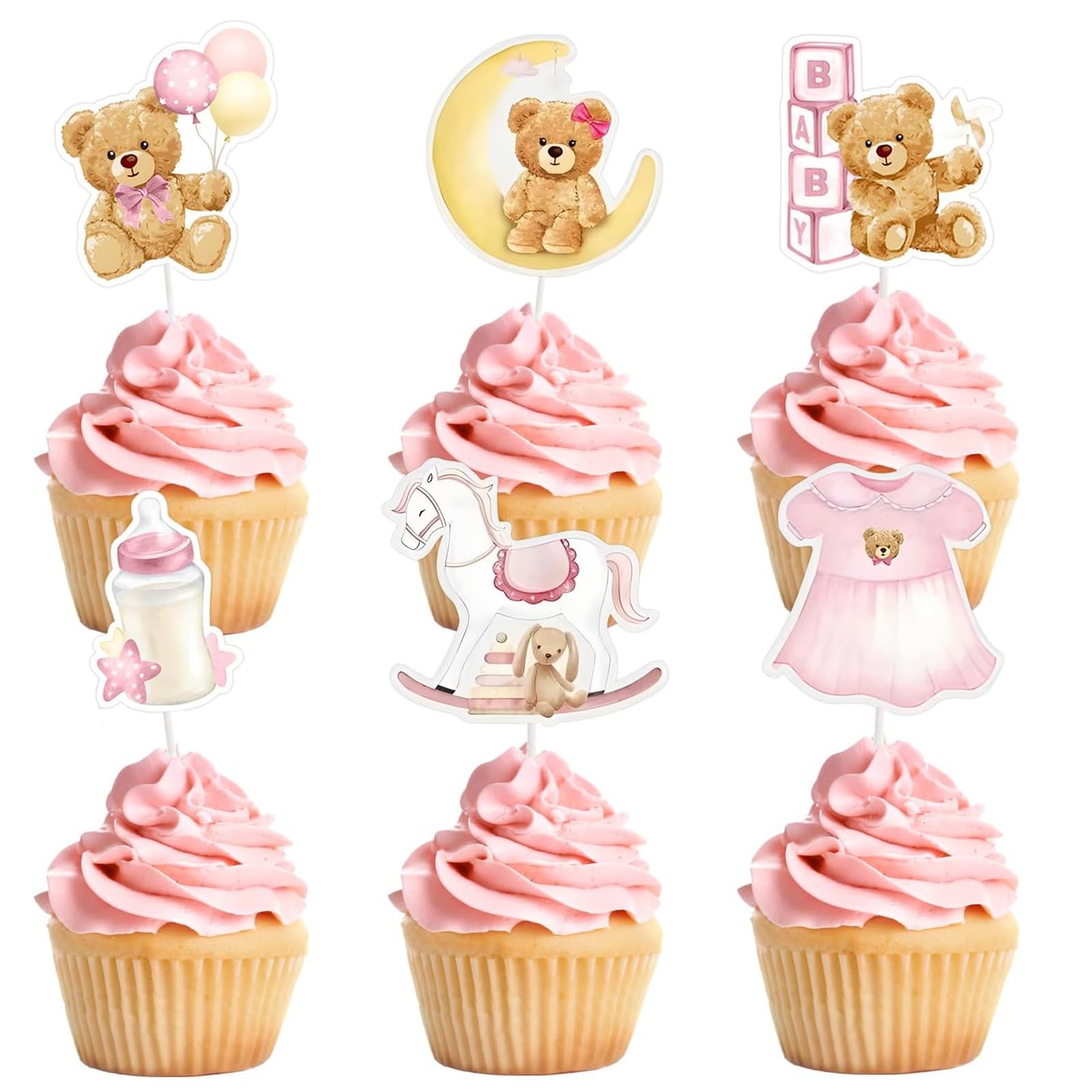 InfiniZer 30 Pcs Baby Shower Bear Cupcake Toppers For Kids Girls Boys Baby Shower Decorations Gender Reveal Birthday Party Cake Decorations Supplies (Pink)