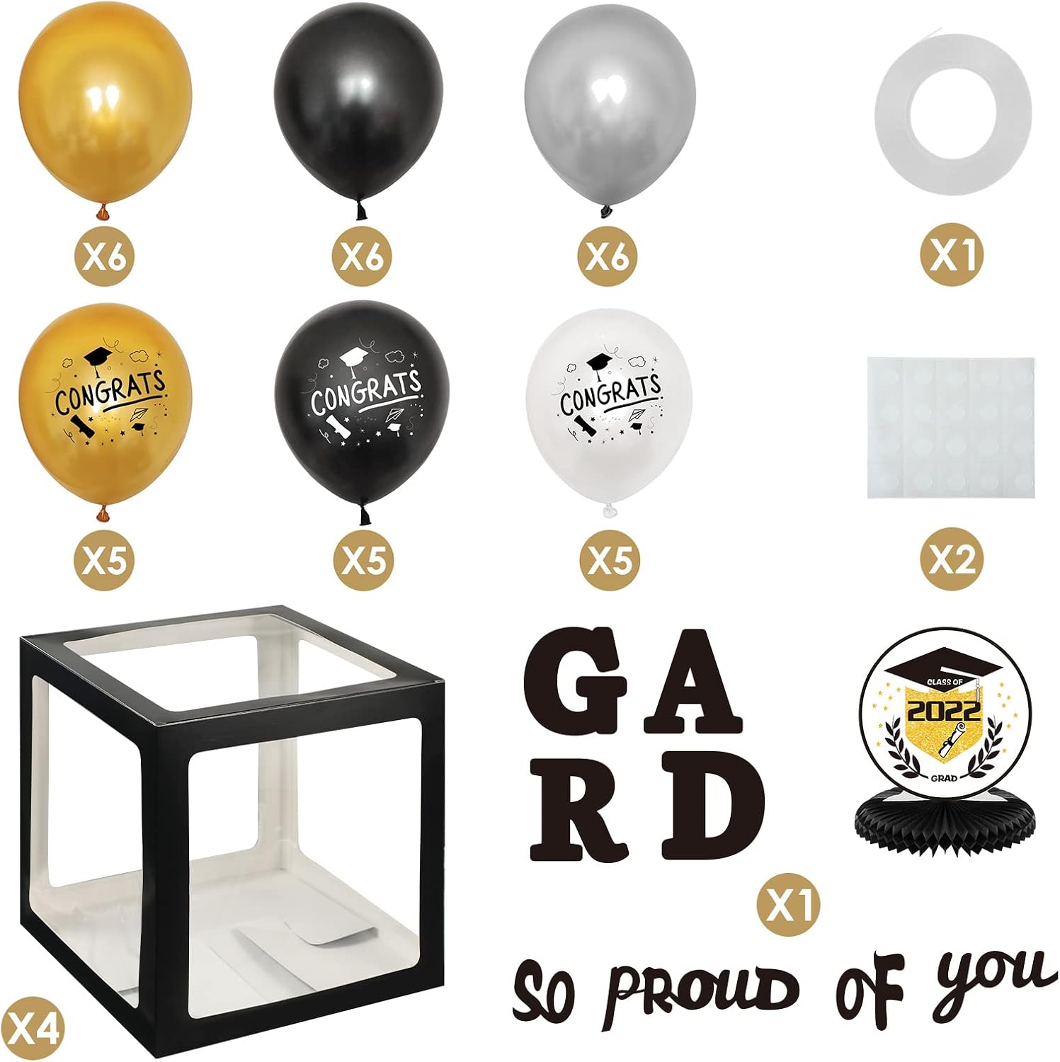 2022 Graduation Decorations 4 Pcs Black Balloons Boxes with Grad So Proud of You Letters Graduation Balloons and Class of 2022 Sign Decor Kit Graduation Party Supplies 2022