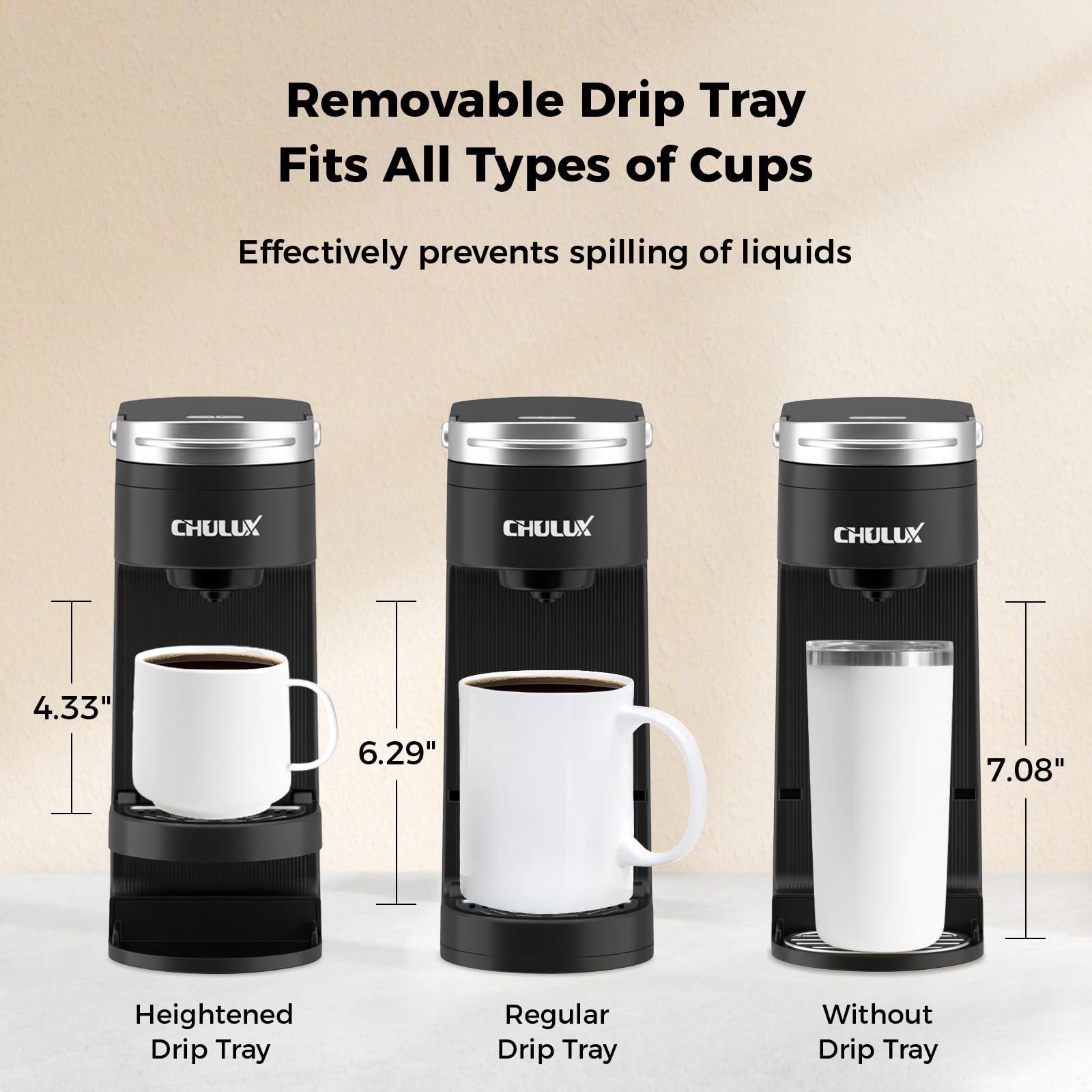 Close-up of the CHULUX Slim Single Serve Coffee Maker's matte black finish and compact design.