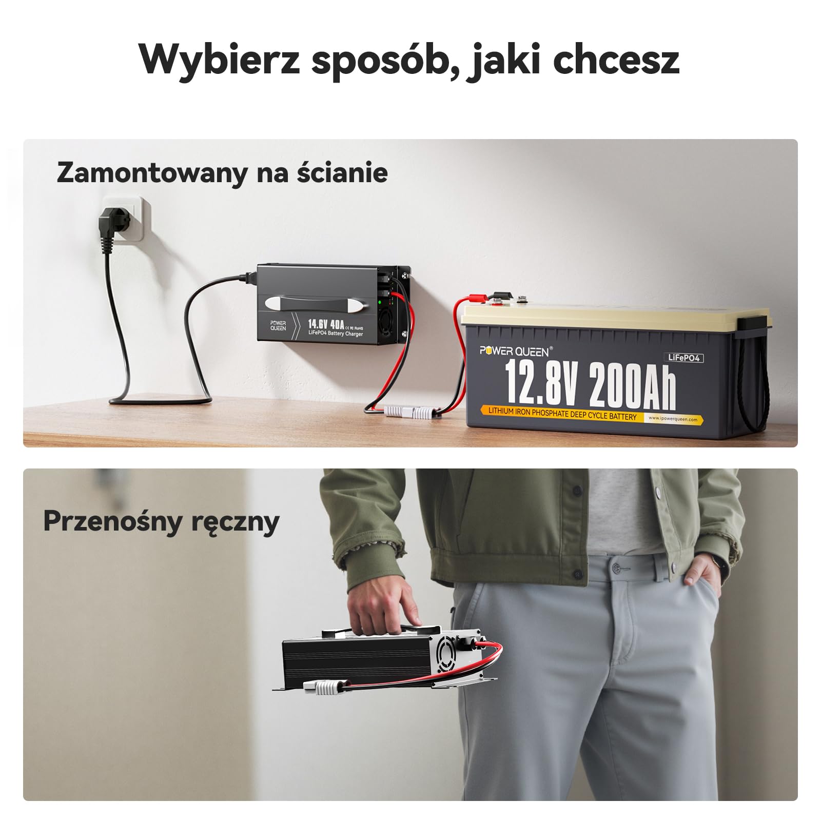 Power Queen 14,6V 40A LiFePO4 ładowarka do Akumulatorów LiFePO4 12V | akumulatorów AC-DC Smart Charger,z wyświetlaczem LED,wtyczką Andersona i włącznikiem/wyłącznikiem
