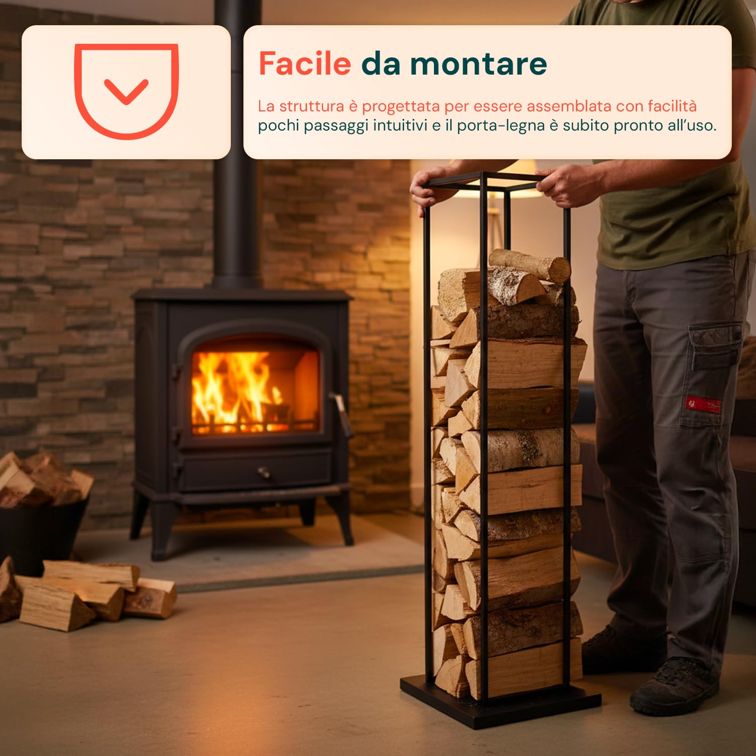 Avilia – Portalegna da Interno in Metallo 33×33×115 cm per Camino e Stufa, Design Verticale Salvaspazio, Facile da Montare e Ultra-Resistente, Ideale per Riporre Legna da Ardere