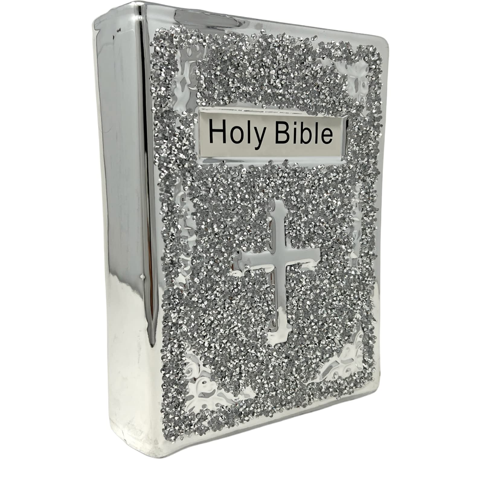 ONE BEST DEAL Crushed Diamond Silver HOLY BIBLE Book Sparkle Ornament Bling Home Decor Crystal Ceramic Christian Wonderful Decoration Gift