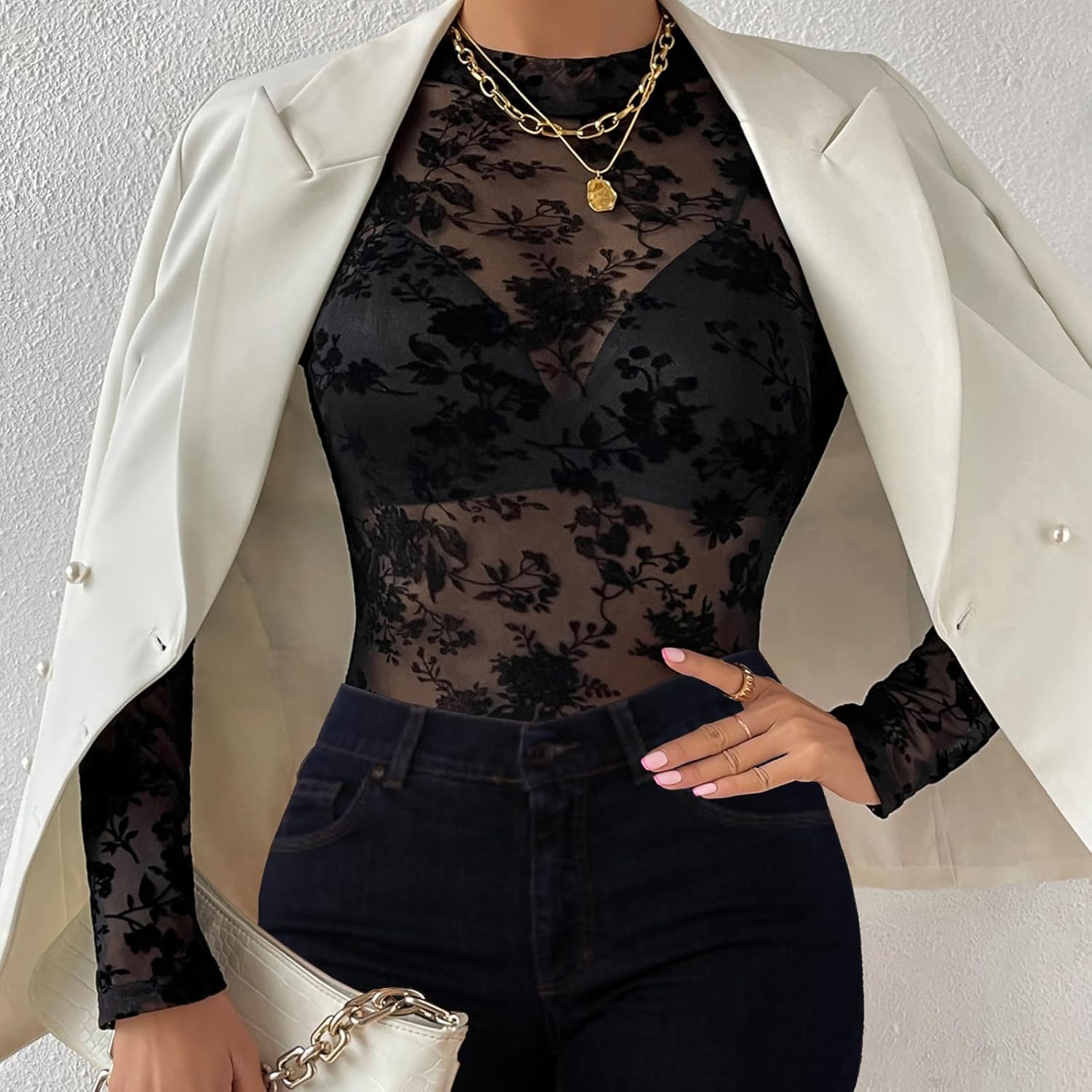 BIGFOX Women's See Through Bodysuit, Black Long Sleeve Lace Floral Mesh Leotard Shapewear Jumpsuit for Going Out, Club, Rave - Image 5