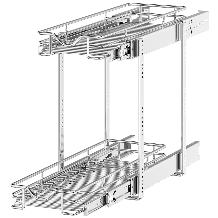 2 Tier 17"W X 21"D Pull Out Cabinet Organizer, Heavy Duty Slide Out Pantry Shelves, Chrome