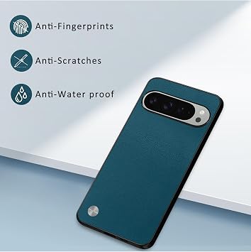スリムフィットケース Google Pixel 9 Pro XL用、ソフトTPUエッジ + フェイクレザーバックカバー、指紋防止/スクラッチ/耐衝撃カメラ保護機能付き、Google Pixel 9 Pro XL用携帯電話ケースブルー