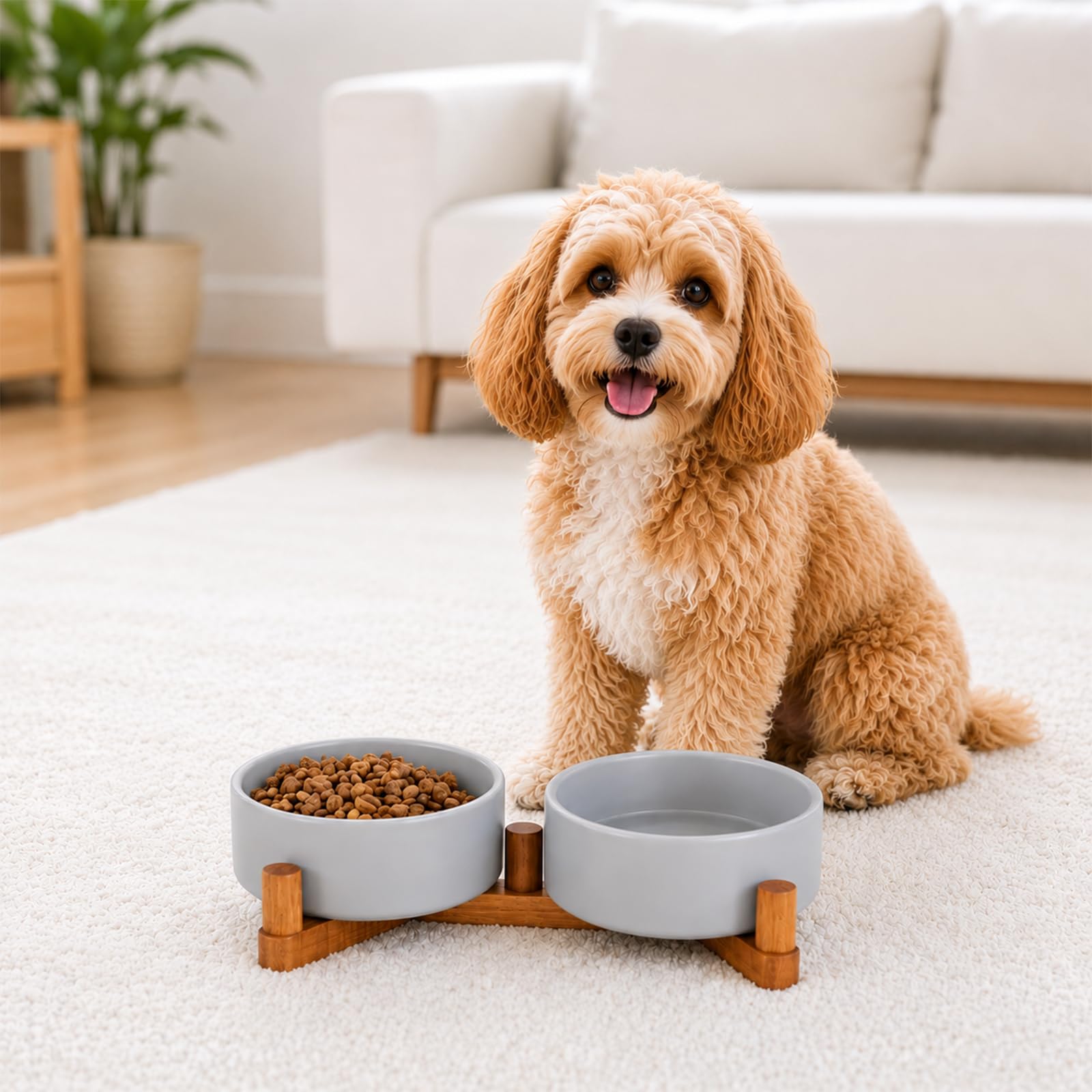 Lot de 2 gamelles en céramique pour chien et chat avec support en bois, bols lestés antidérapants pour nourriture et eau, double mangeoire surélevée pour petits chiens et chats, gamelles en vernis mat