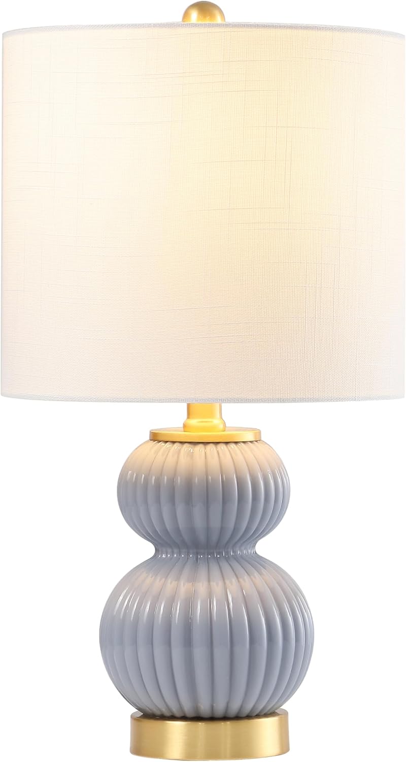 JONATHAN Y 20" Gray/Brass Gold Ribbed Gourd Glass Table Lamp, Modern Bedside Lamp for Bedroom Living Room, White Linen Drum Shade, LED Bulb Included (JYL1099C)