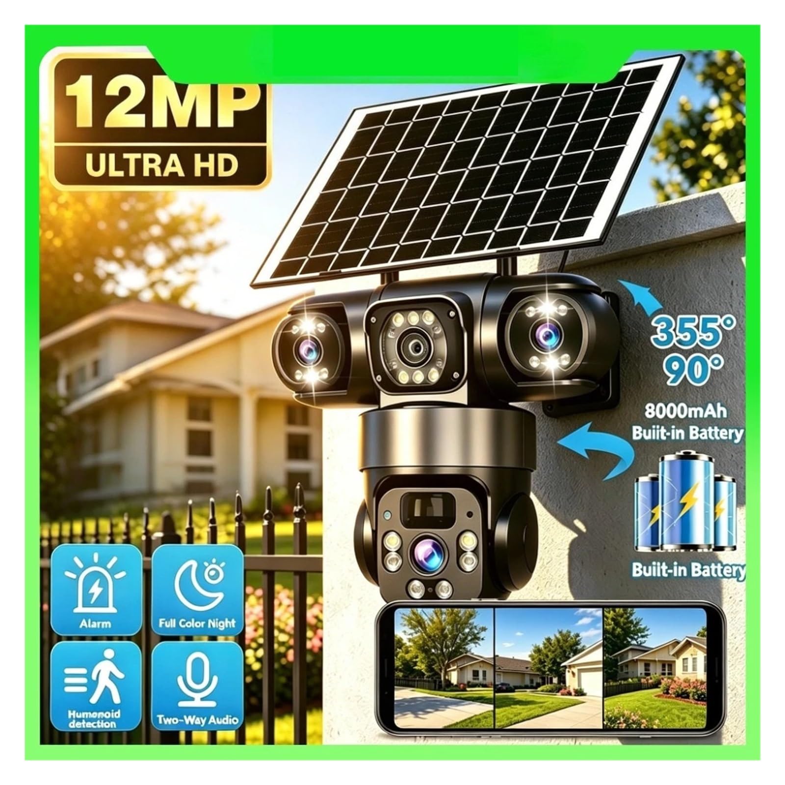 Telecamera PTZ Solare V380 6K Triplo Schermo 4G WiFi Impermeabile Sorve | Doppia Rete 4G SIM E WiFi, Funziona Senza Rete Domestica Per Sorveglianza Aree Isolate(4G Cam 64G Card)
