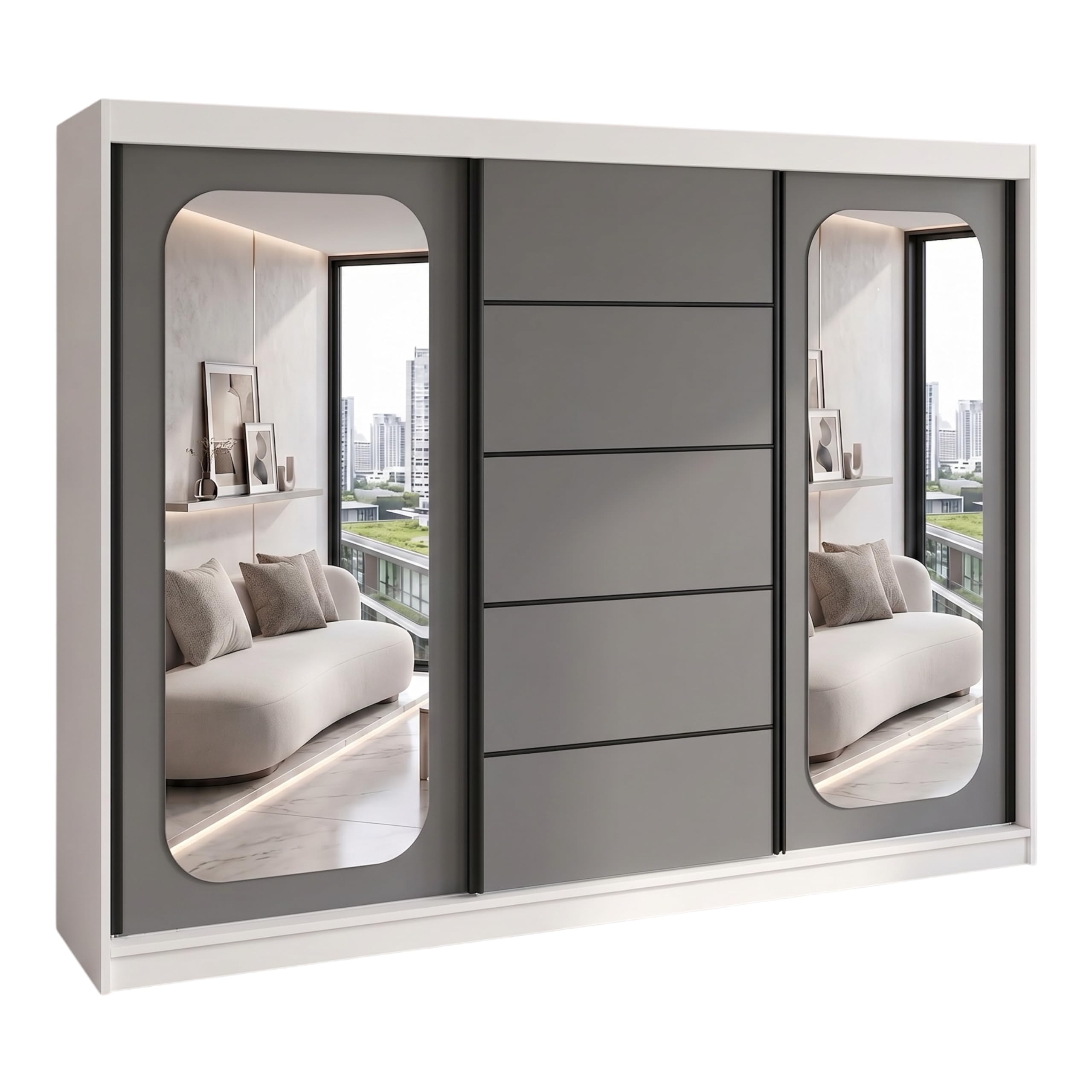 A&J MöbelLand BELANO Kleiderschrank mit Spiegel, Schwebetürenschrank 200 x 215 x 59,5 cm, 4 Schubladen, Kleiderstangen und Einlegeböden, Weiß/Graphit, Premium