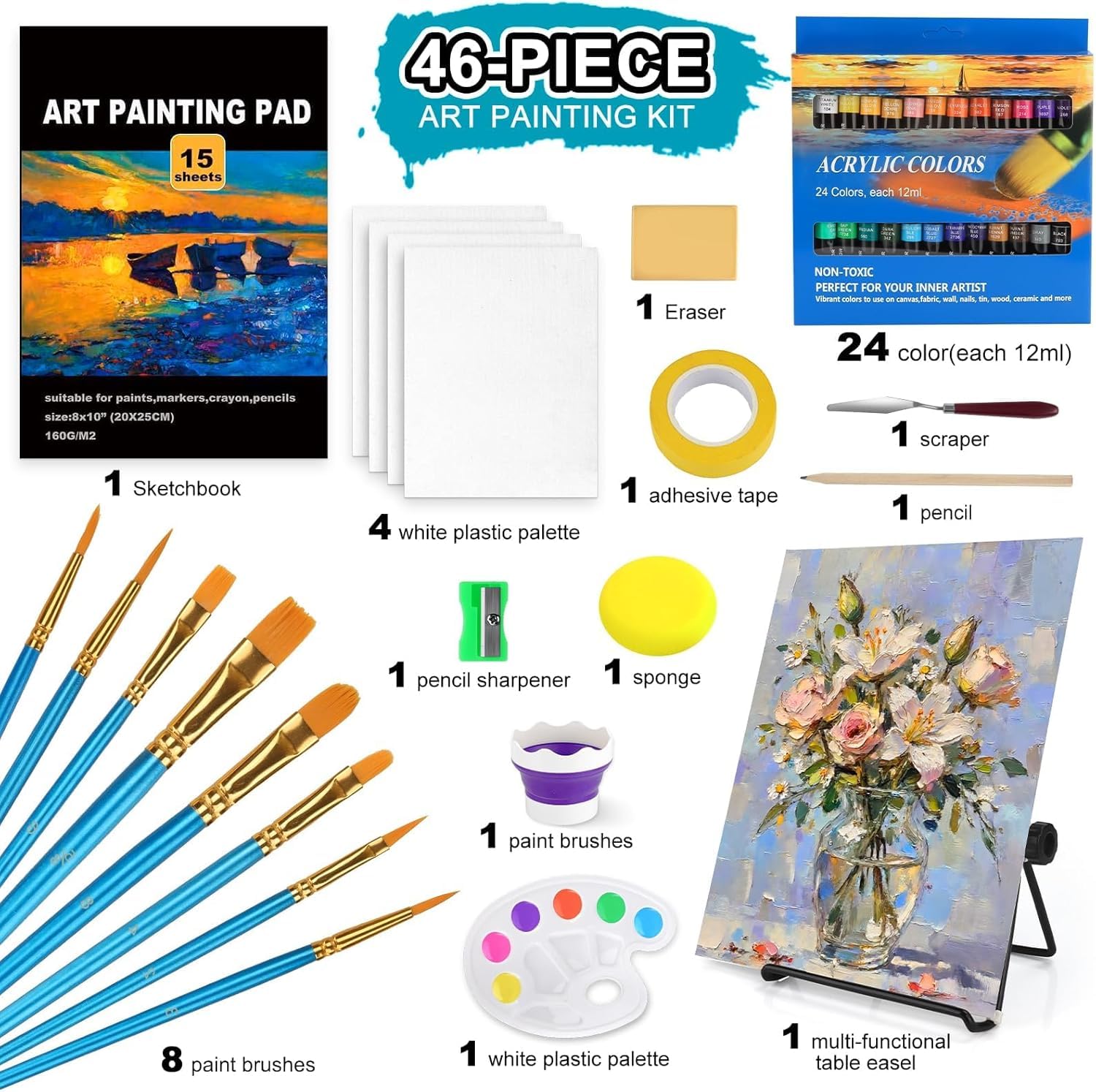 Kit de Peinture Acrylique,Chevalet Peinture Acrylique,24 Peinture,4 Panneaux de toile,8 Pinceaux,Palette,Spatul,Toile,Chevalet,Kit de Peinture pour Artistes,Débutants