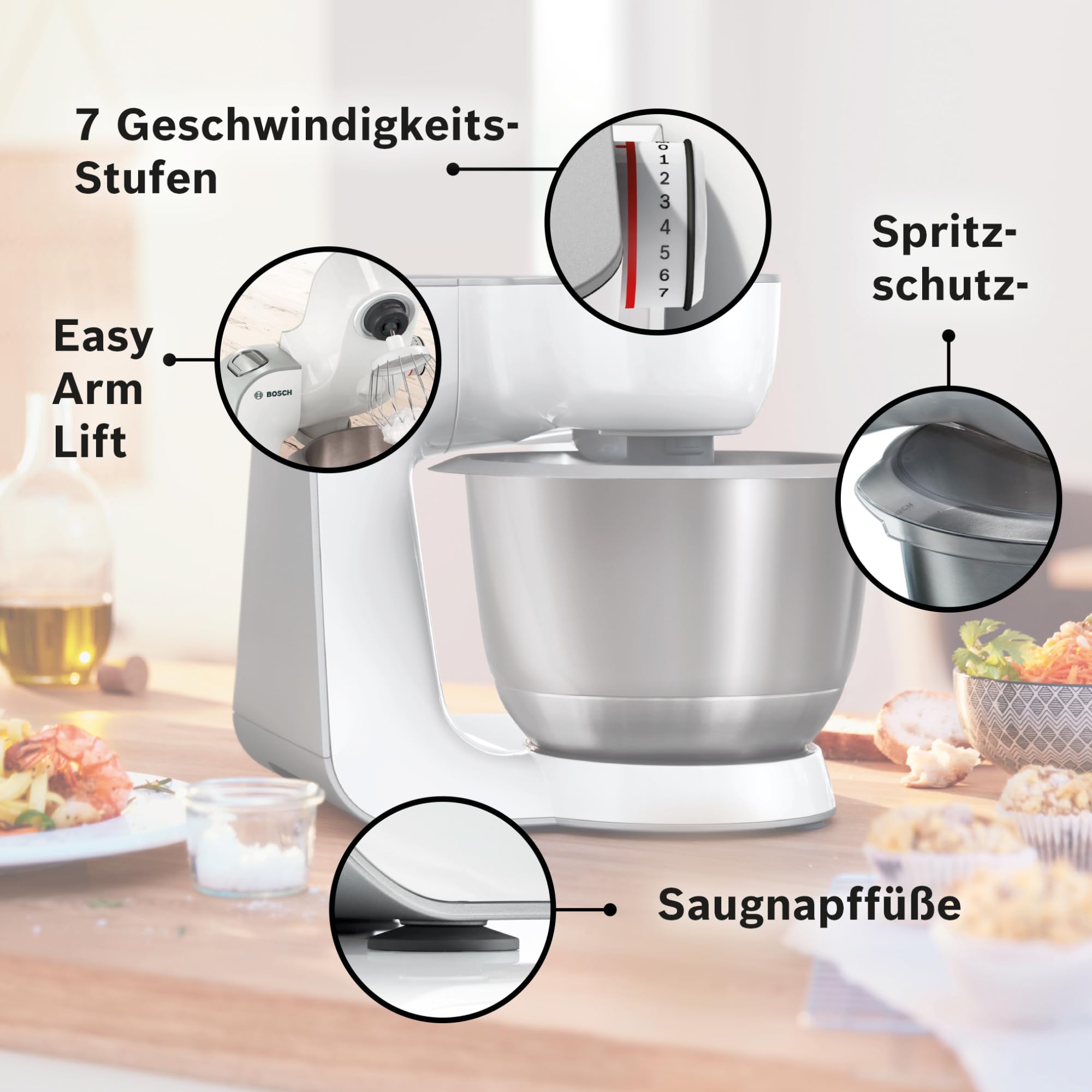 Bosch Küchenmaschine Serie 4, Edelstahl-Schüssel 3,9 L, Knethaken, Schlag- und Rührbesen Edelstahl spülmaschinenfest, Mixer 1,25 L, Durchlaufschnitzler, 3 Scheiben, 1000 W, Weiß, MUM58W20