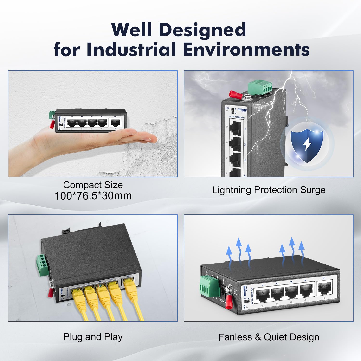 Switch per guida DIN mini gigabit industriale a 5 porte, 4 porte da 100/1000 Mbit/s, 1 uplink Gigabit, guida DIN e supporto da parete inclusi, switch Ethernet industriale non gestito