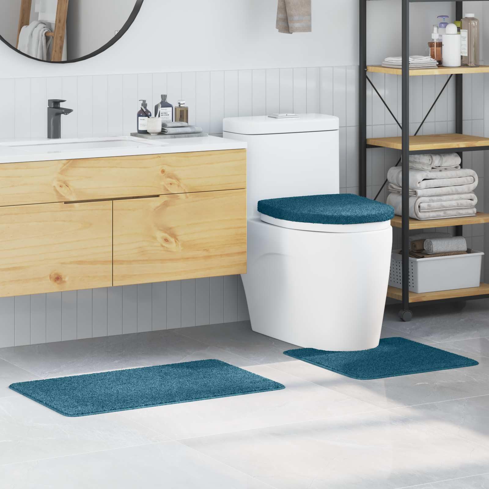 Ensemble de Tapis de Bain antidérapants 3 pcs Bleu en polypropylène, Dimensions 50x80 cm, Base en Latex antidérapante, absorbants et Moelleux pour Salle de Bain, Toilette, Douche et Spa