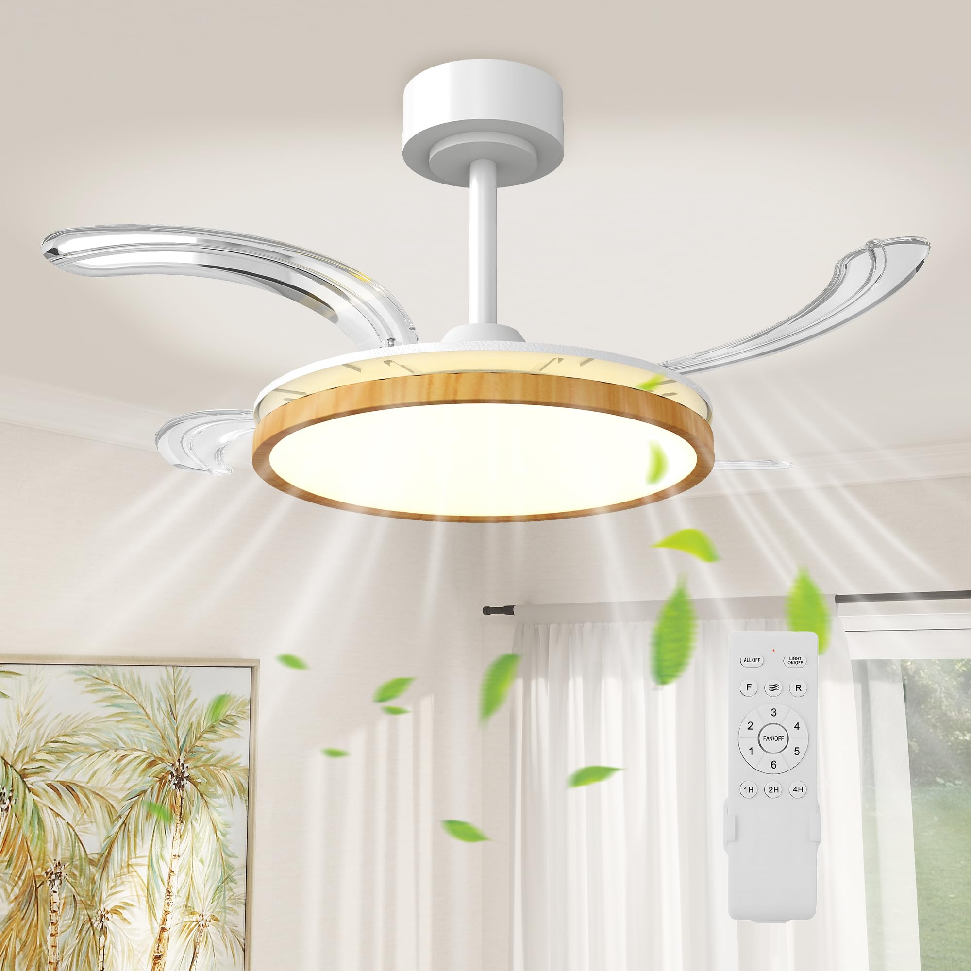 HOMCOM Ventilateur de plafond avec lumière LED, plafonnier ventilateur Ø95 cm, 4 pales rétractables moteur CC silencieux, 6 vitesses, 3 températures de couleur, télécommande, minuterie, mode été-hiver