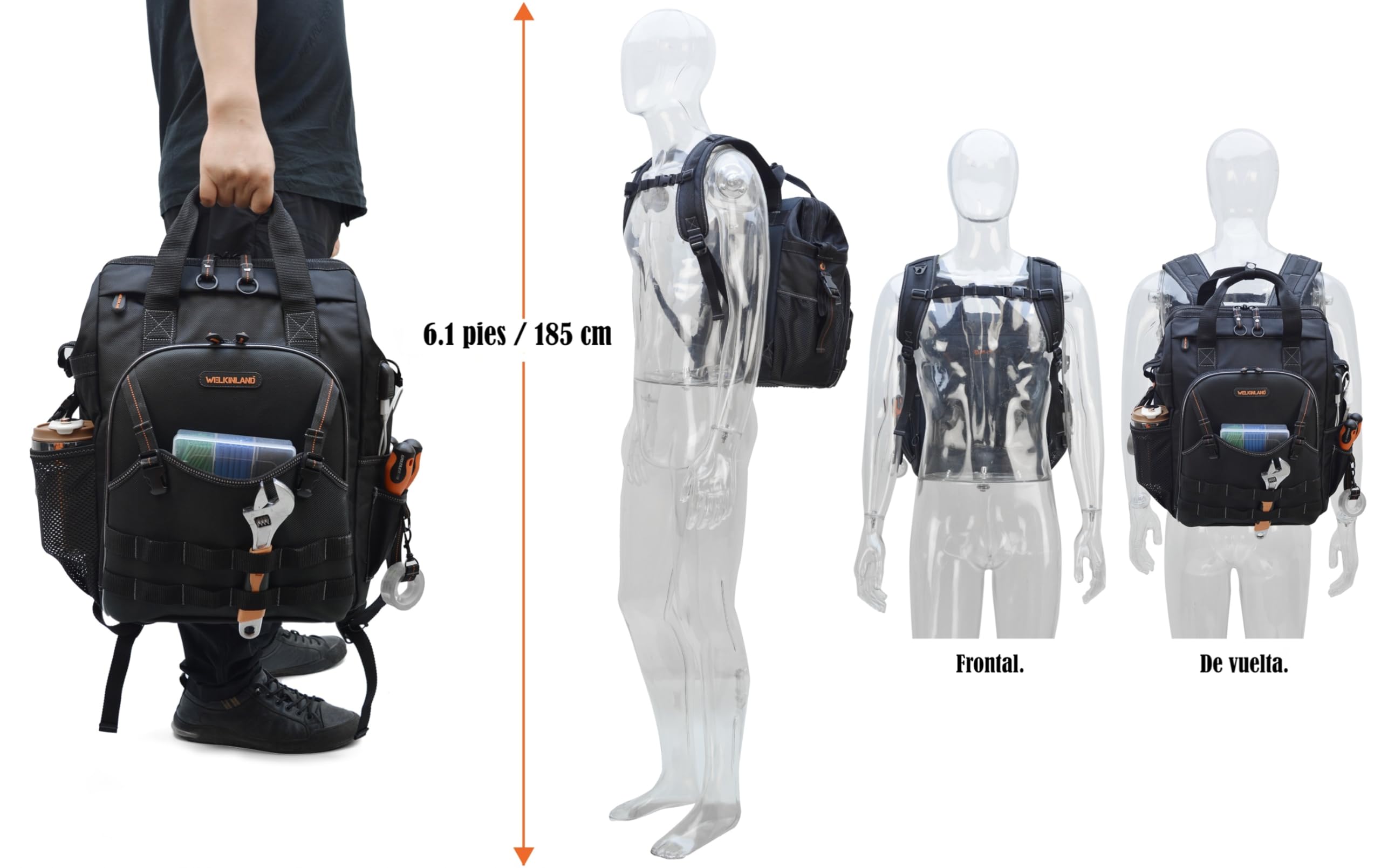 WELKINLAND Mochila de Herramientas de 55 Bolsillos, Bolsa de Herramientas Compacta, Mochila para Electricista y HVAC, Resistente al Agua con Apertura Superior IronRod y Base Acolchada