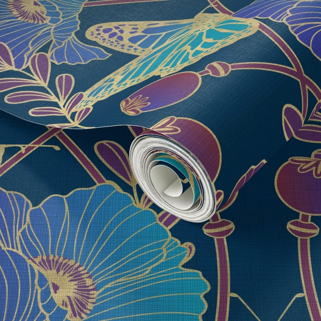 Peel & Stick Wallpaper Swatch - Poppy Art Nouveau Jewel Poppies Butterfly Blue Aqua Purple Custom Removable Wallpaper by Spoonflower