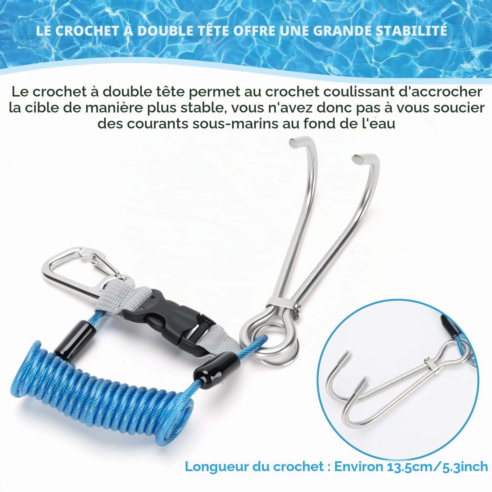 Tbest Plongée sous-Marine Reef Crochet en Acier Inoxydable Récif Crochet Plongeur Crochet Plongée Accessoires de Sécurité avec Spirale Bobine Longe Boucle de Dégagement Rapide