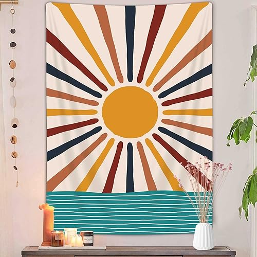 JAWO Tapiz vertical bohemio con ondas solares, vintage abstracto arco iris, tapiz estético para colgar en la pared para dormitorio, retro años 70,