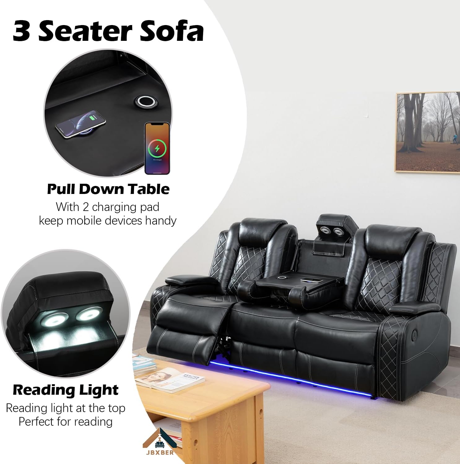 Power Recliner Sofa Set with LED Lights, Power Reclining Sofa Set with Cup Holder, Storage Console, Faux Leather Couch for Home Theater Seating(Sofa, Loveseat and Chair,Black)