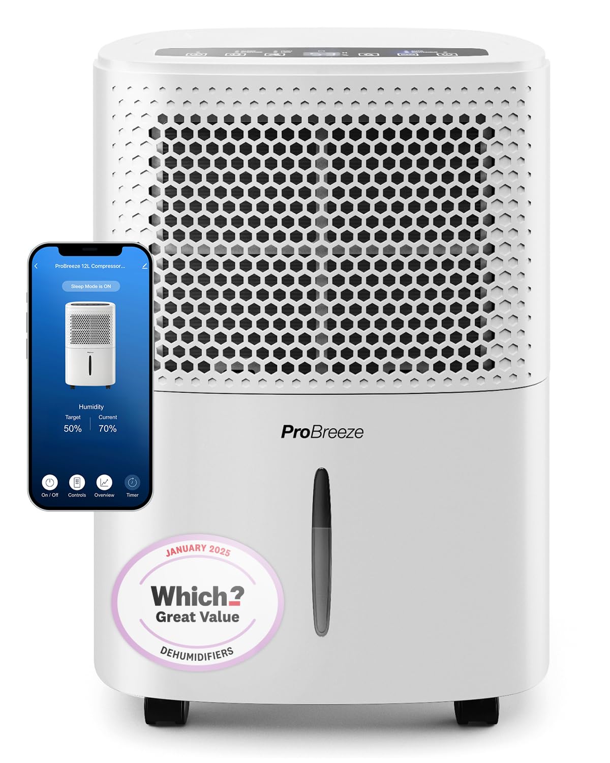 Pro Breeze® 12L/Day Dehumidifier with Automatic Humidity Sensor & Display, 24-hour Timer,...