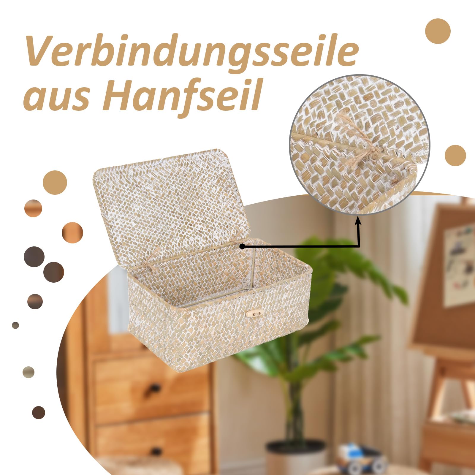 Cesto Portaoggetti in Rattan Intrecciato, Cestino Portaoggetti Rettangolare Intrecciato Fatto a Mano con Coperchio, Organizer per Trucchi Multifunzionale, per Cosmetici e Abbigliamento (M, Bianco)