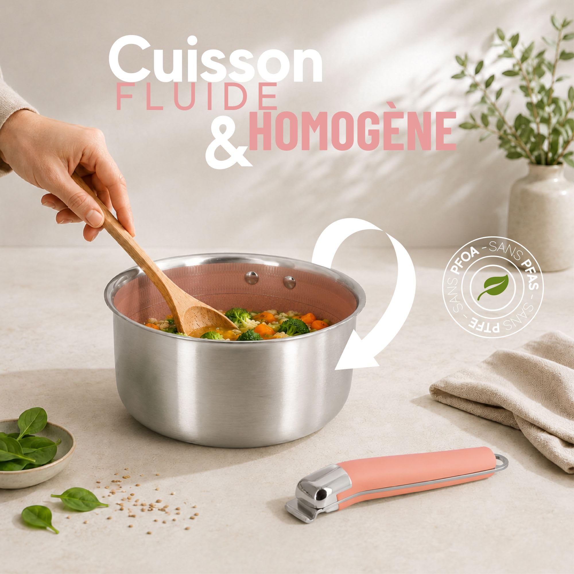 MENASTYL - Lot de 2 casseroles amovibles Aglaé 16/20 cm en inox triply avec poignée - Revêtement céramique nid d'abeille sans PFAS - Induction - Rose Gold - Four et lave-vaisselle - Haute résistance