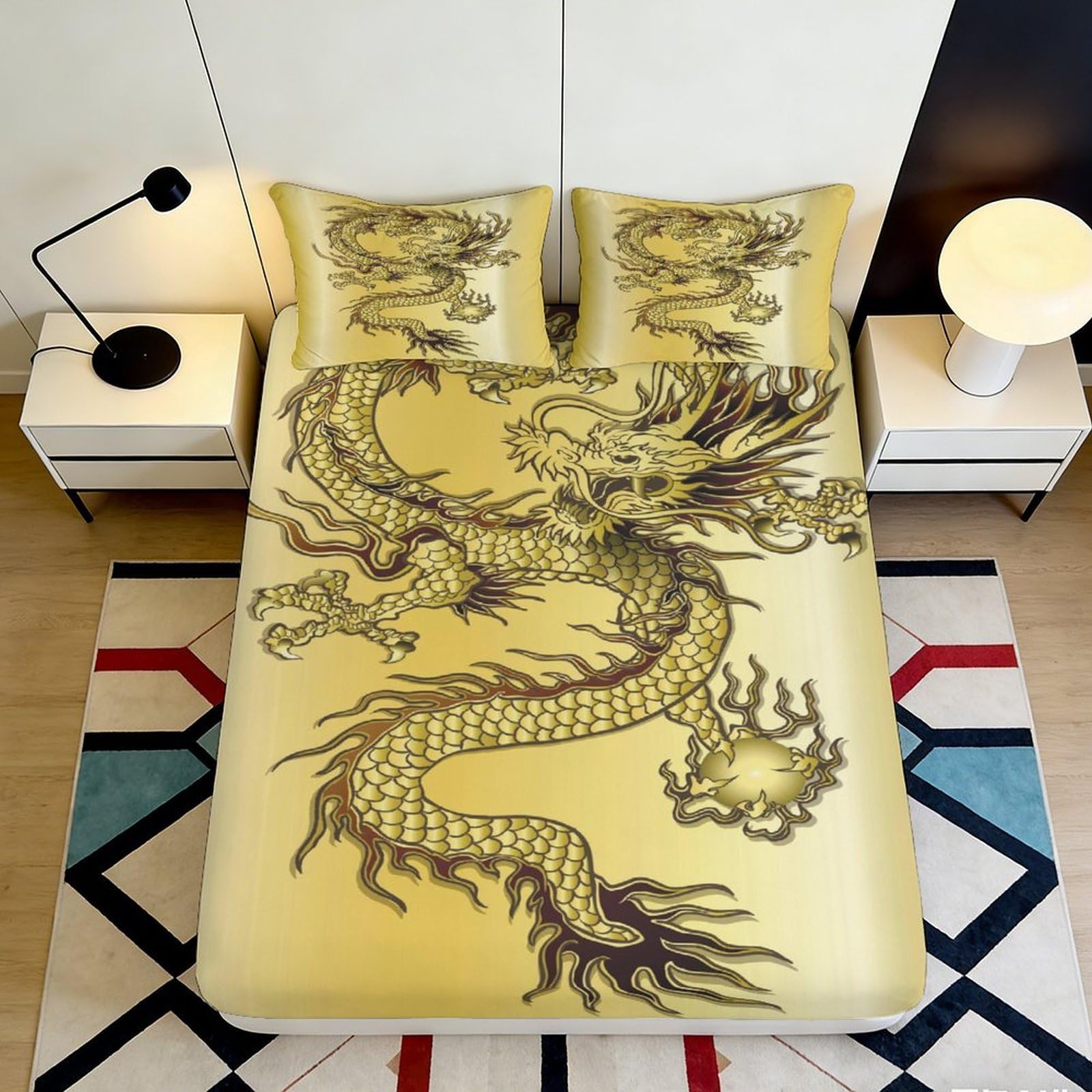 3D Printed Golden Dragon Fitted Sheet Microfiber Soft Breathable Oriental Art Bed Cover for Bedroom Guest Room Decor 200x200x25cm