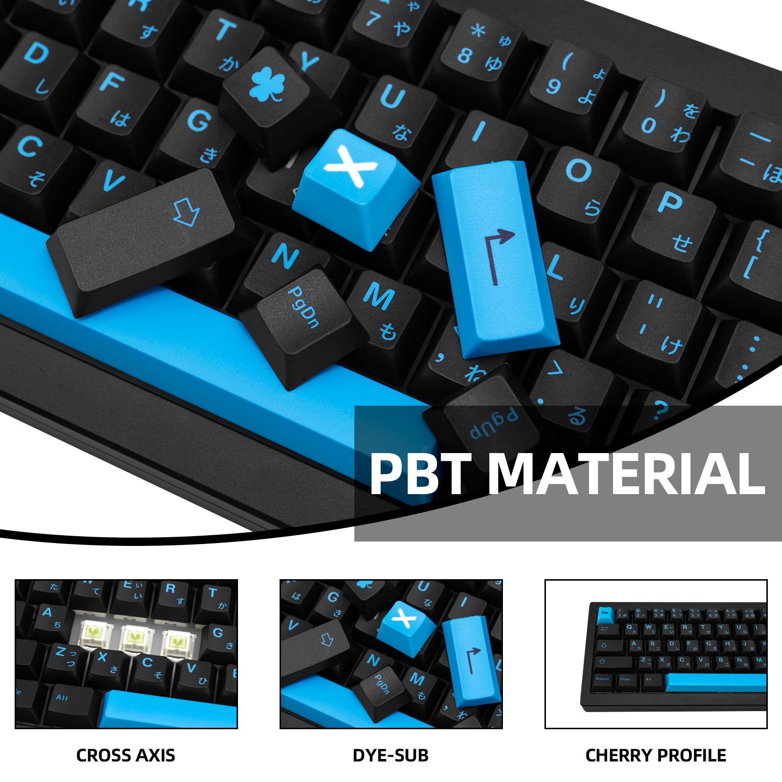 Japanische PBT-Tastenkappen Im Cyberpunk-Look – 129 Tasten Für Mechanische Tastaturen | Blau-Schwarz Design