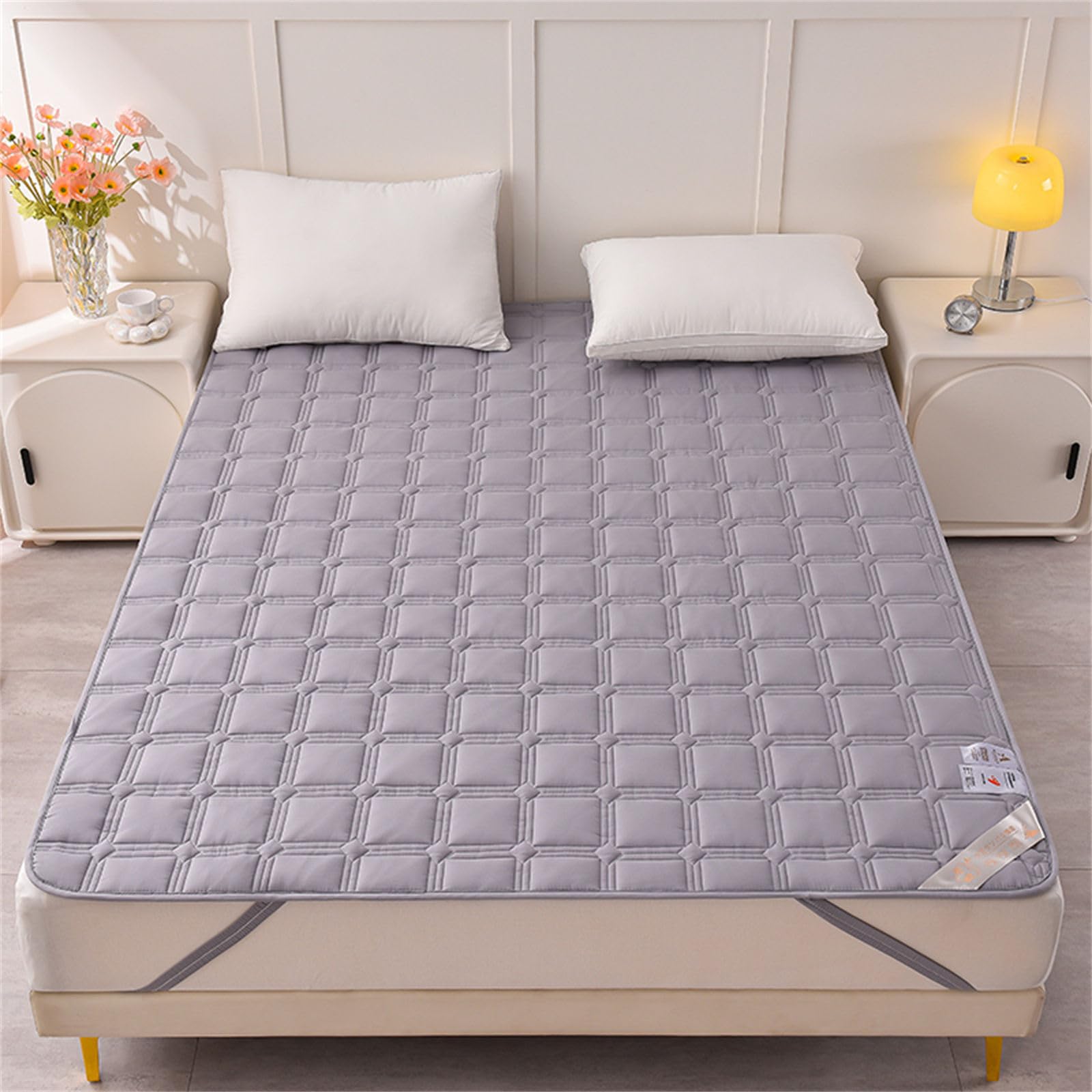 Odot Protector de Colchón Acolchado Color Sólido, Protectores de Colchón Funda de Colchón con 4 Bandas Elásticas Cubre Colchón Suave Comodo Sábana Protectora para Cama (150x200cm,Gris A)