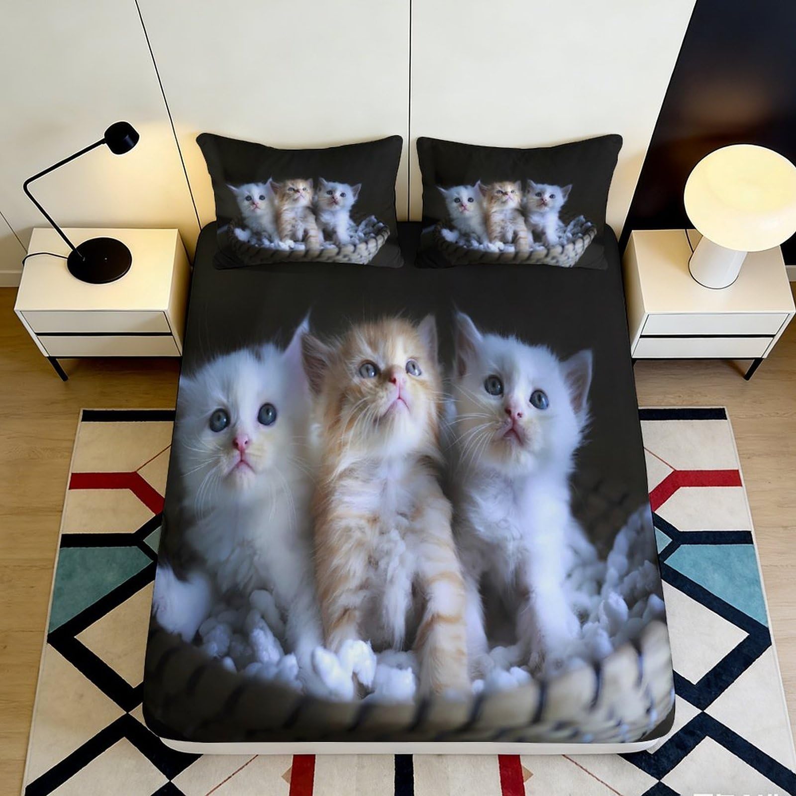 3D Printed Cute Kittens Fitted Sheet Microfiber Soft Breathable Adorable Cats Bed Cover for Bedroom Dormitory Guest Room Mattress Protection 200x200x25cm