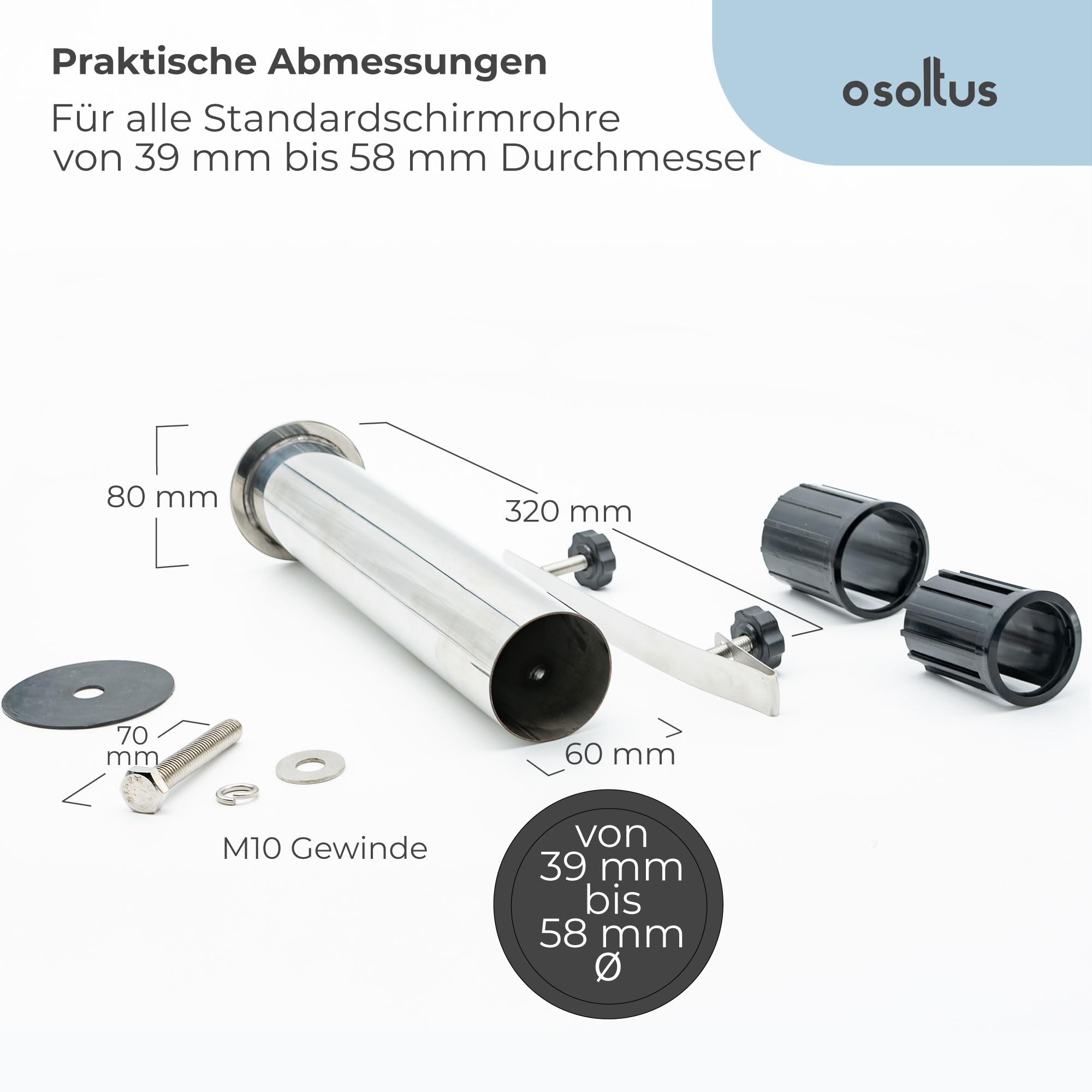 osoltus Universal Schirmrohr Edelstahl mit Schirmrohrschutz | Sonnenschirmrohr für Sonnenschirmständer Granit-/Betonsockel mit Reduzierringen | Schirmrohrdurchmesser 39-58 mm