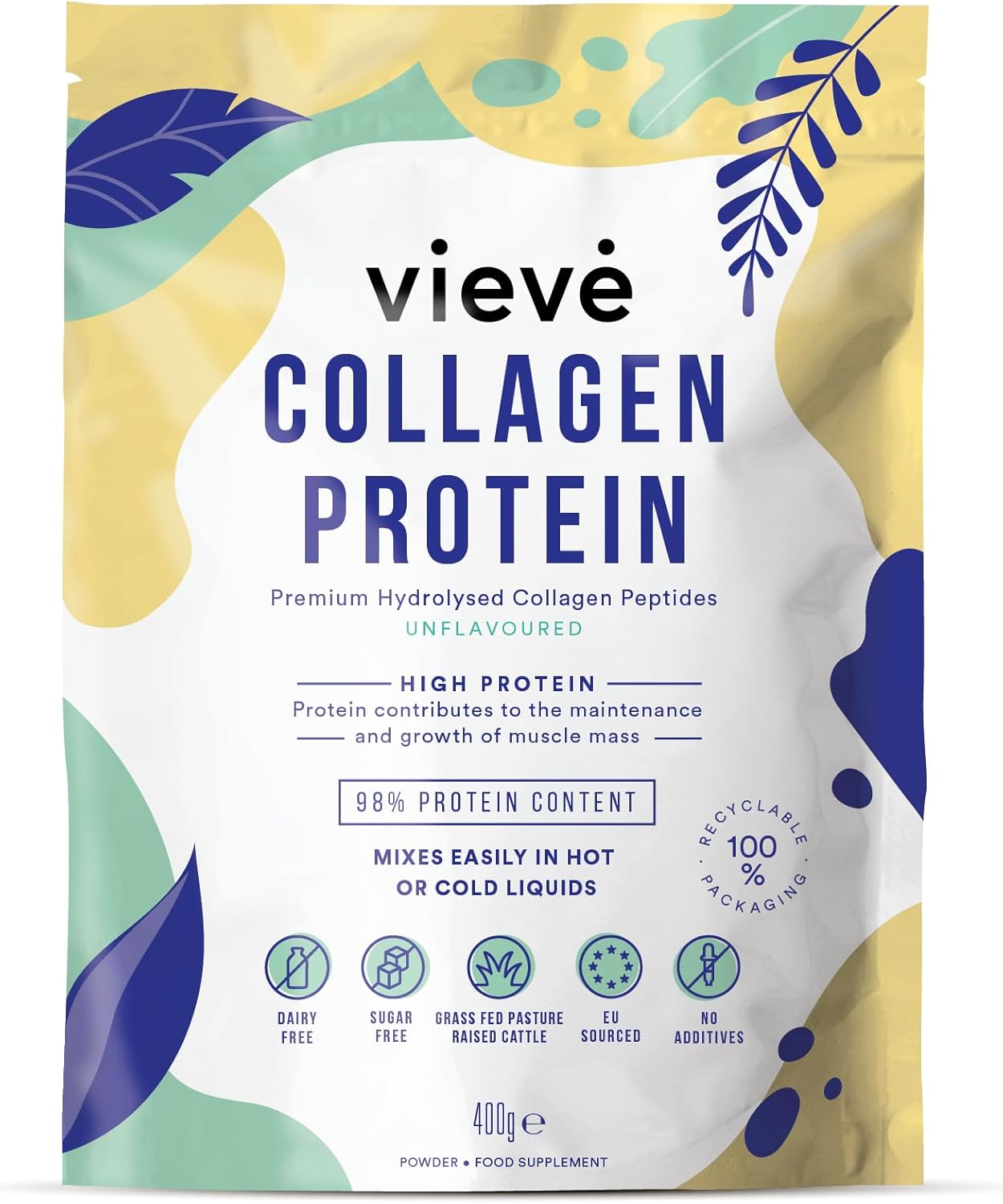 Vieve Collagen Powder – Hydrolysed Bovine Peptides – Diet Support Supplement for Skin, Hair, Nail Health – Non-GMO, EU Grass-Fed, Pasture-Raised Cattle – No Dairy or Sugar, Flavourless, 400g