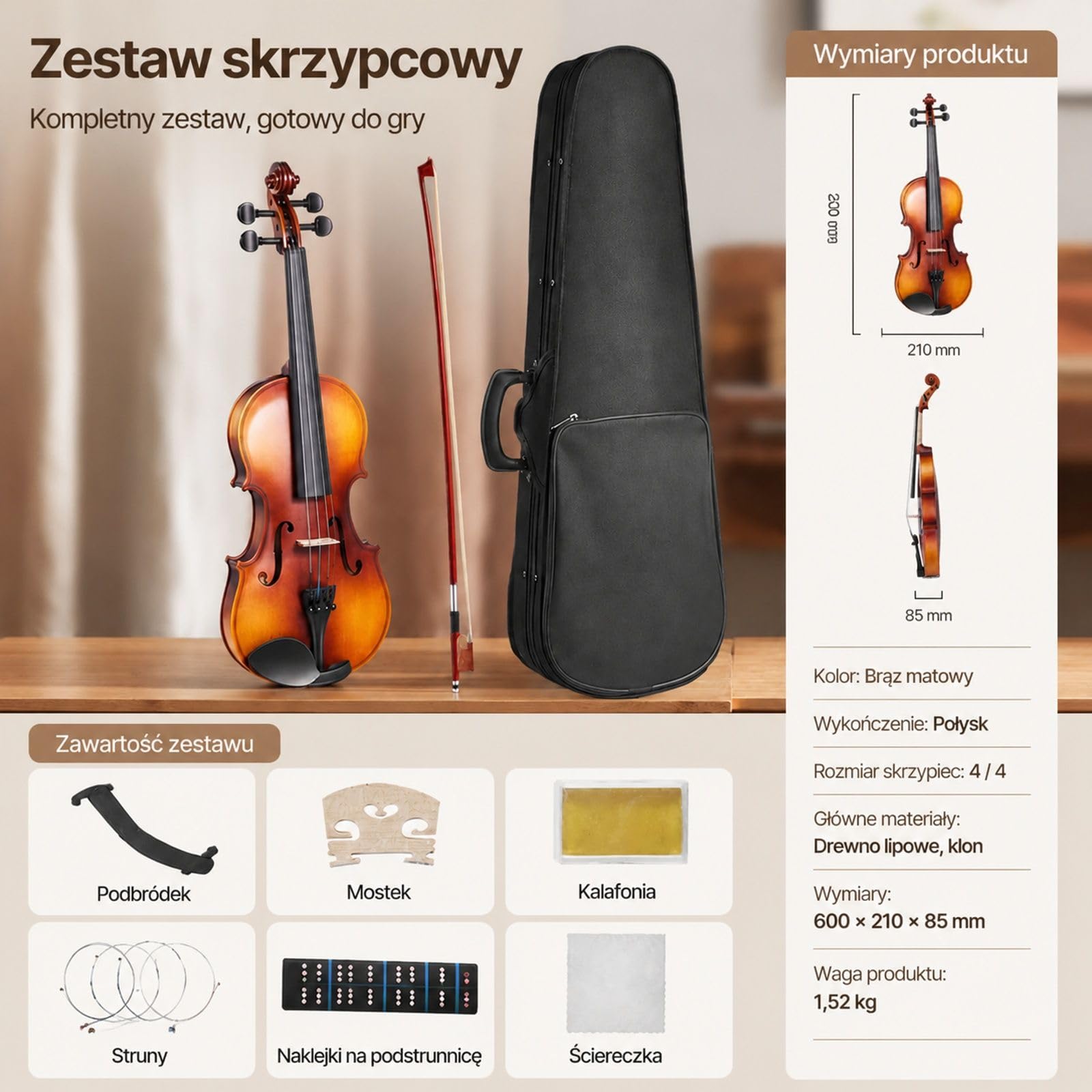 Skrzypce 4/4 w matowym brązie z twardym futerałem, smyczkiem, kalafonią, podpórką na ramię, mostkiem, tunerem i dodatkowymi strunami dla początkujących