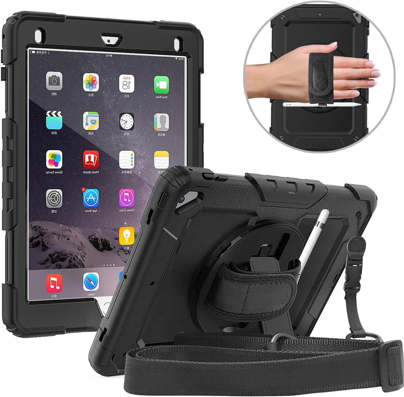 DanycaseCase for iPad 9.7 Inch 2018/2017, iPad Air 2 Case, Shockproof Hybrid Armor Protective Case with Screen Protector & Strap and Shoulder Strap for iPad 9.7 (5th/6th Gen) 2017/2018 (Black)