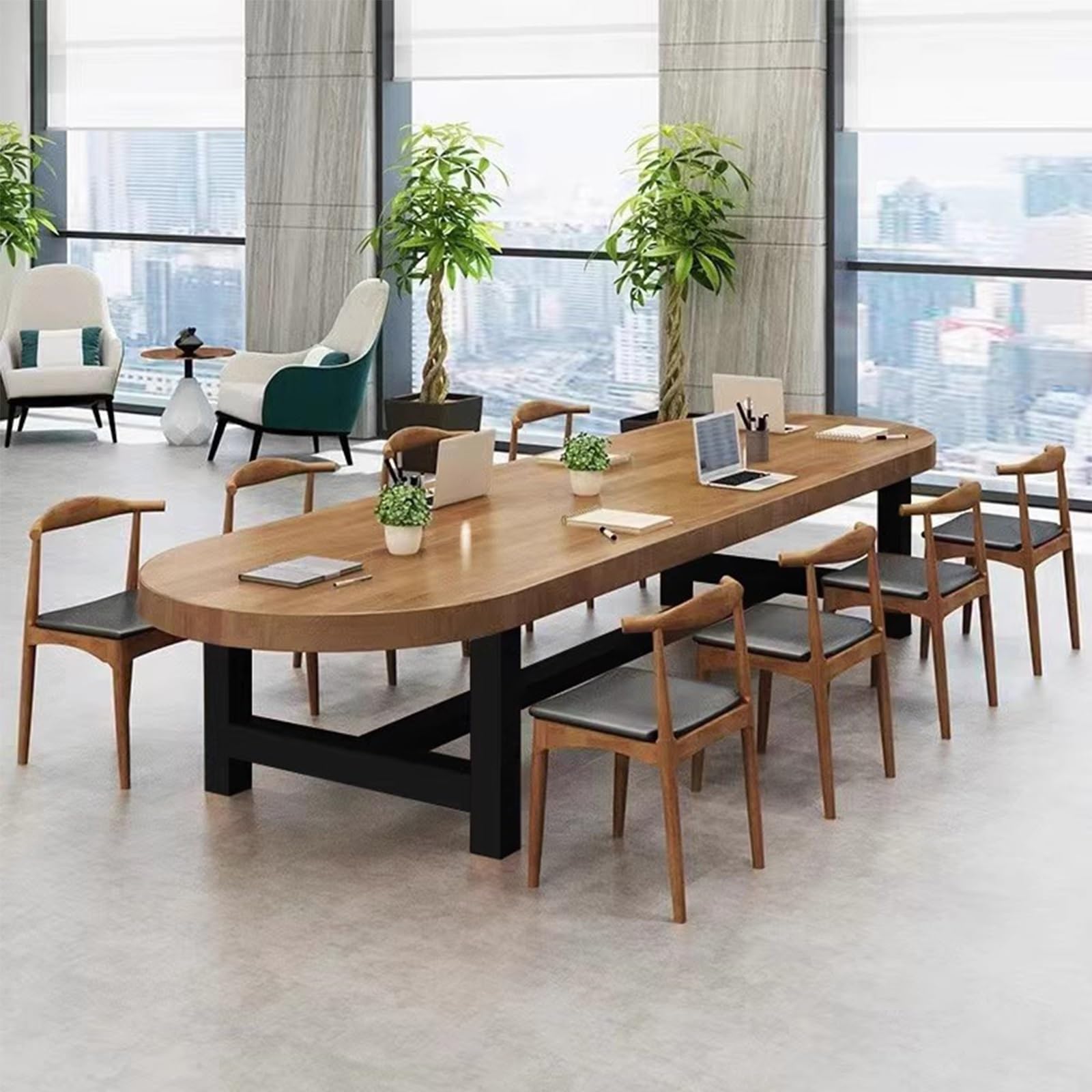 Mesa Reuniones Ovalada de Madera Maciza para 6-10 Personas, Estructura Metálica Resistente, Fácil de Montar, Diseño Compacto, Mesa Larga para Oficina en Casa/Sala de Reuniones(140x70x75cm/55x28x30in)